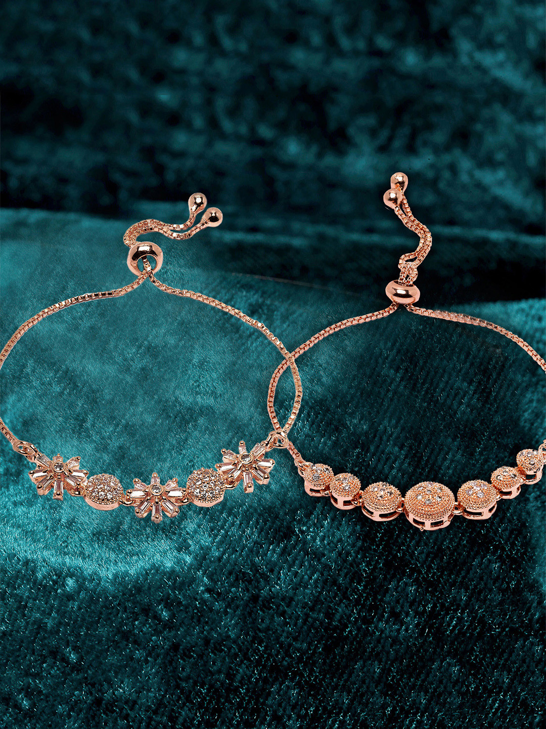 ZENEME Set Of 2 Rose Gold Plated White American Diamond Studded Wraparound Bracelets