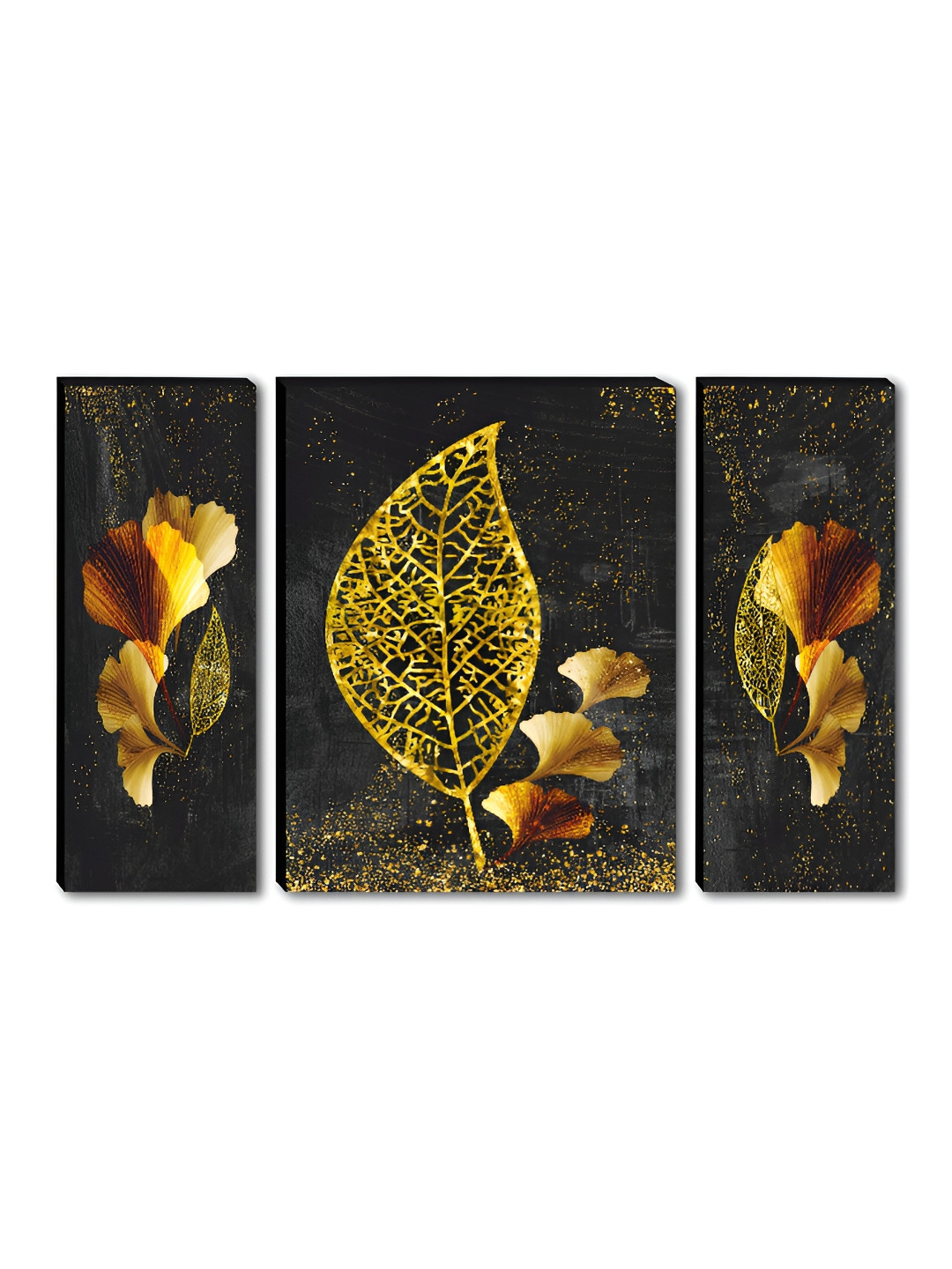SSAF 3 Pieces Black & Yellow Leaf Abstract Floral & Botanical Wooden Wall Art