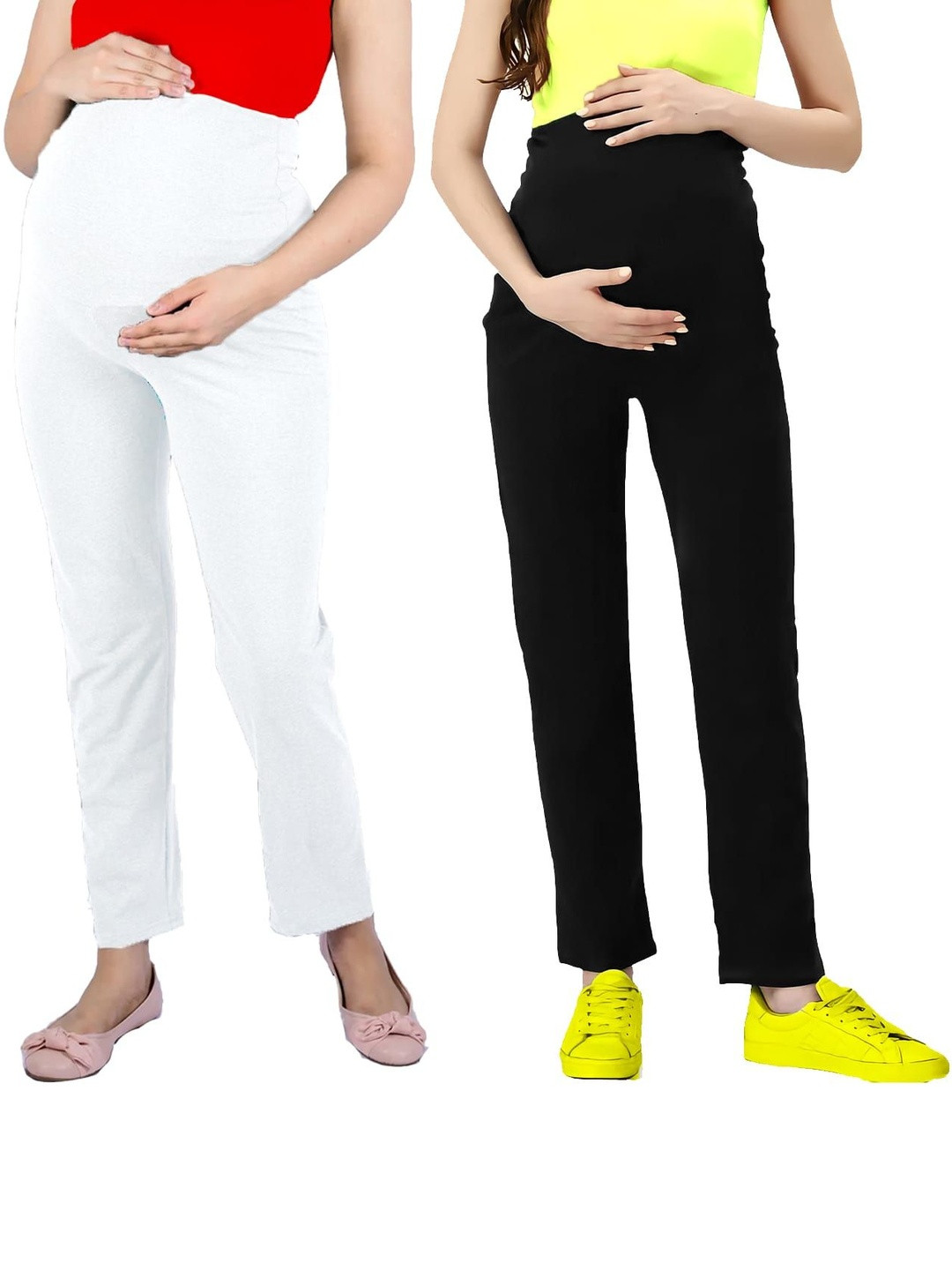 Lenam Women Pack Of 2 Soft Cotton Maternity Double Pockets Full Belly Coverage Pants