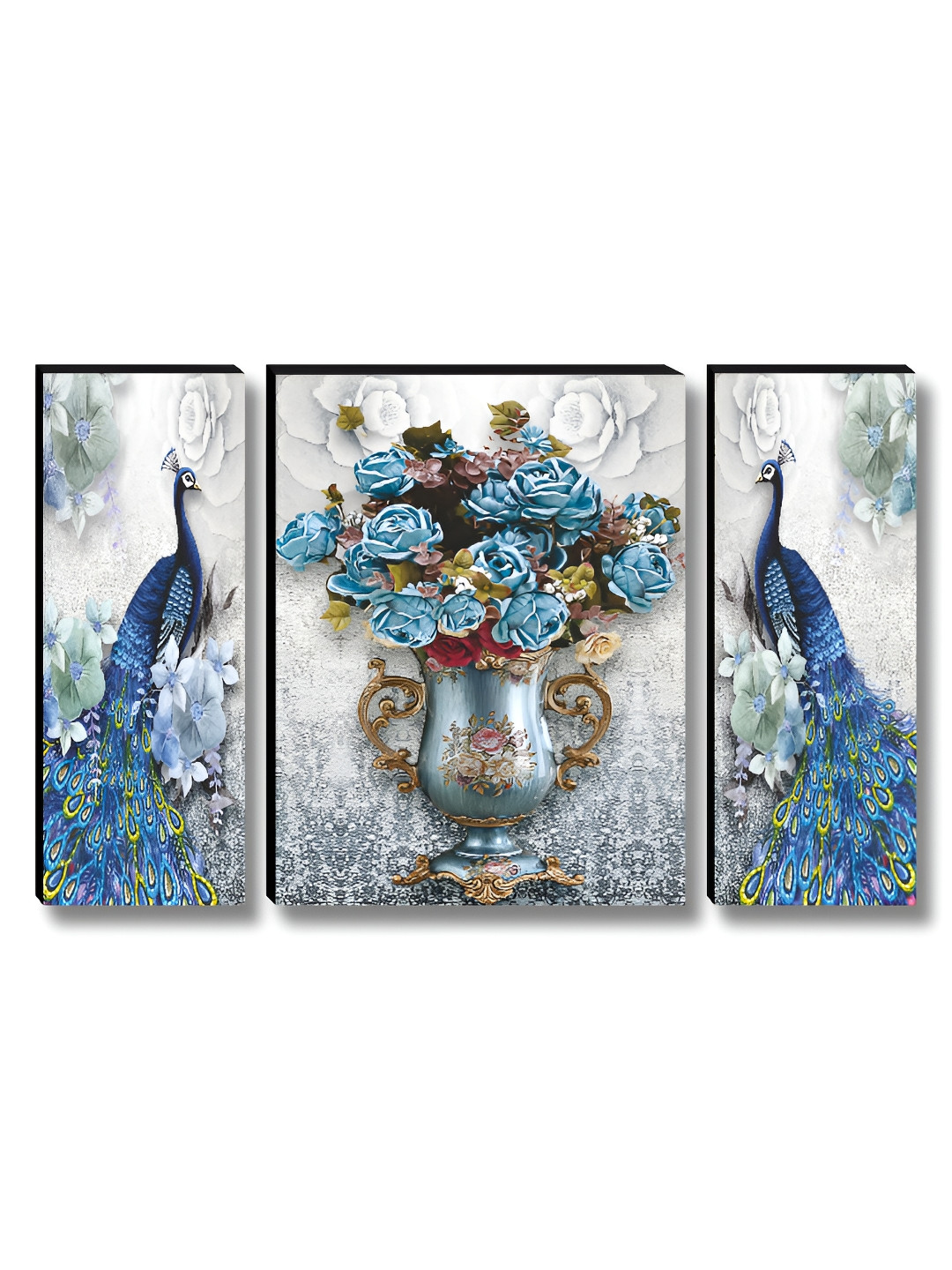 SAF Blue & White 3 Pieces Peacock Printed Wooden Wall Arts