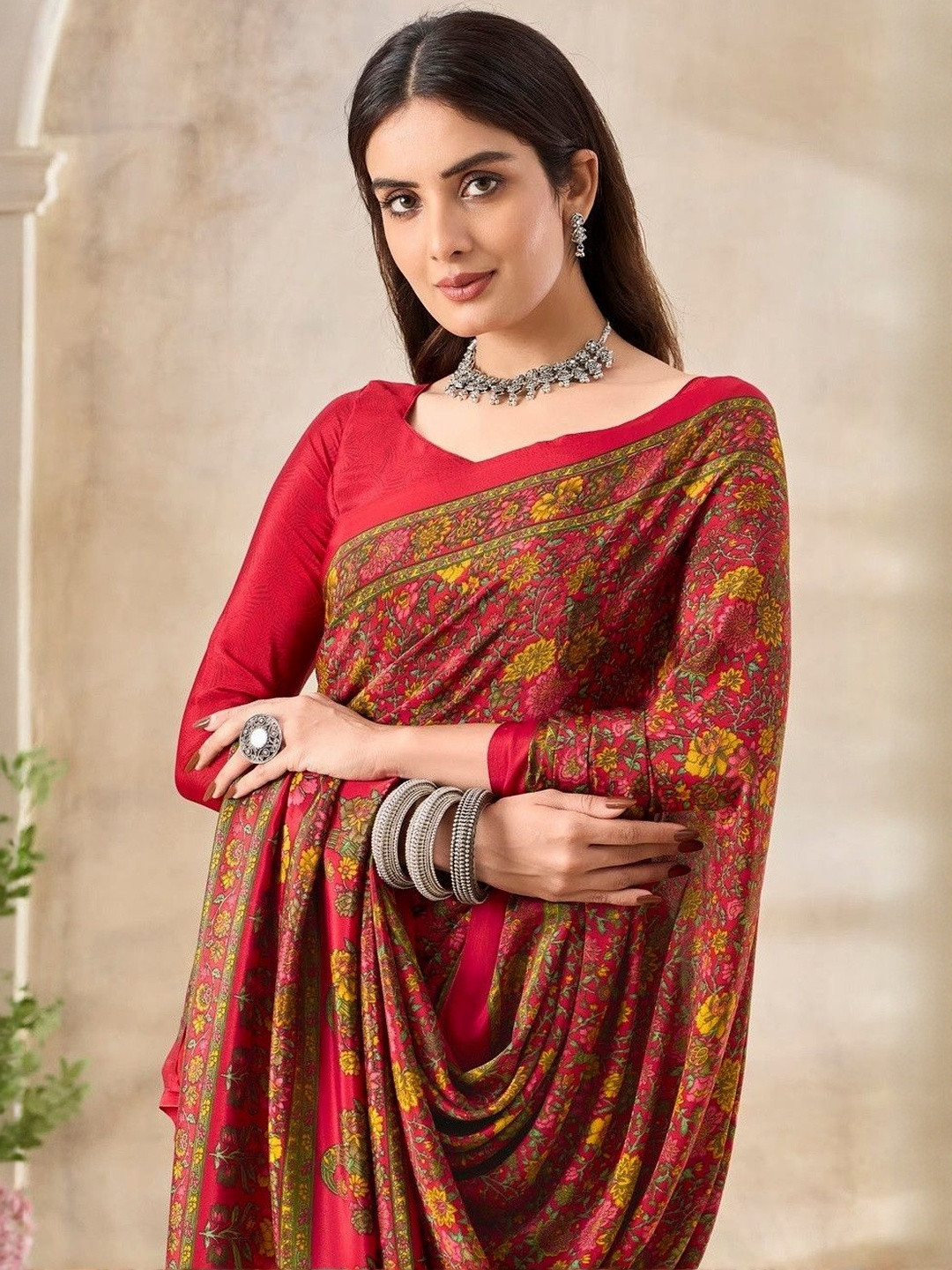 The Fashion Attire Floral Print Bollywood Crepe Saree (Red)