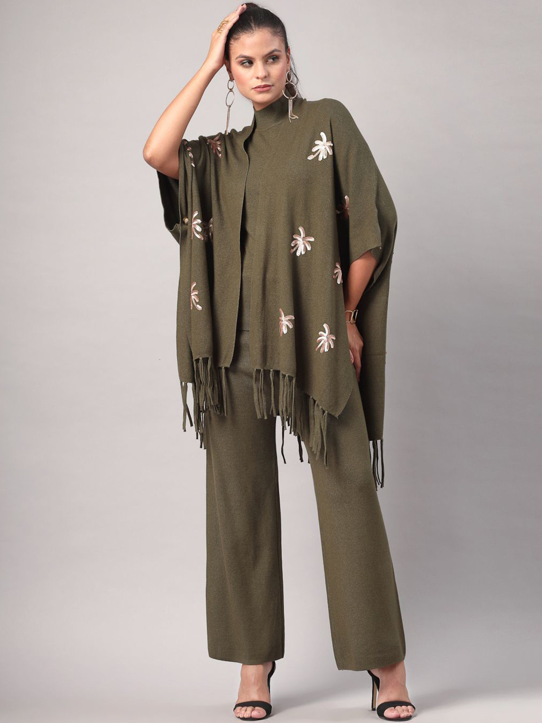 Mafadeny Floral Embroidered High Neck Sleeveless Top And Shrug With Trousers