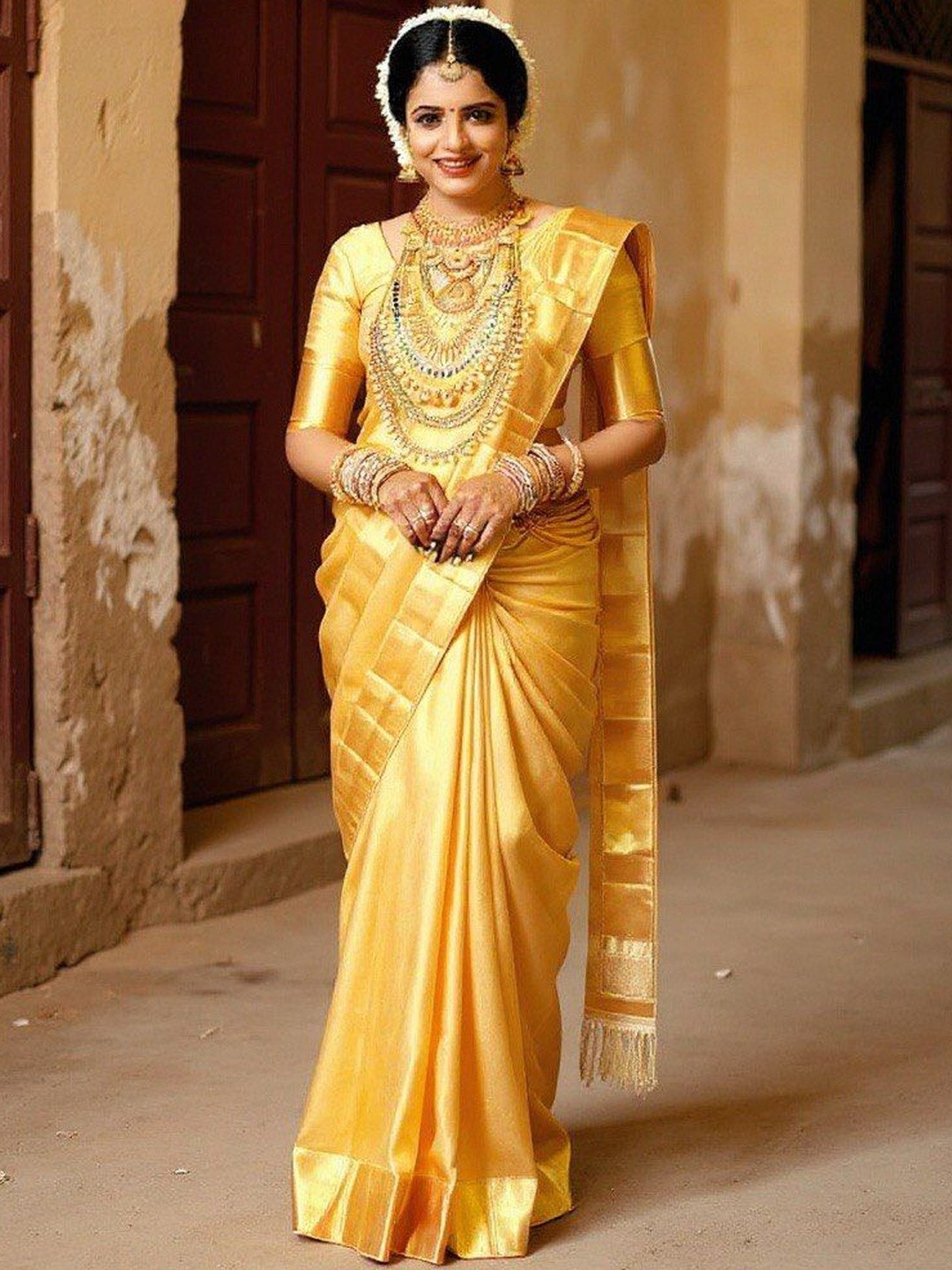 VILLE FASHION Women Yellow Woven Design Banarasi Art Silk Ethnic Saree With Blouse Piece