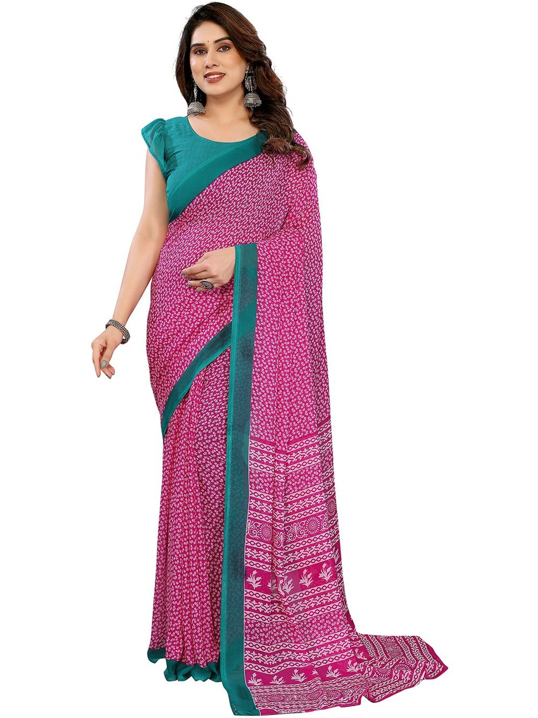 Moda Rapido Women Pink Floral Poly Georgette Designer Saree