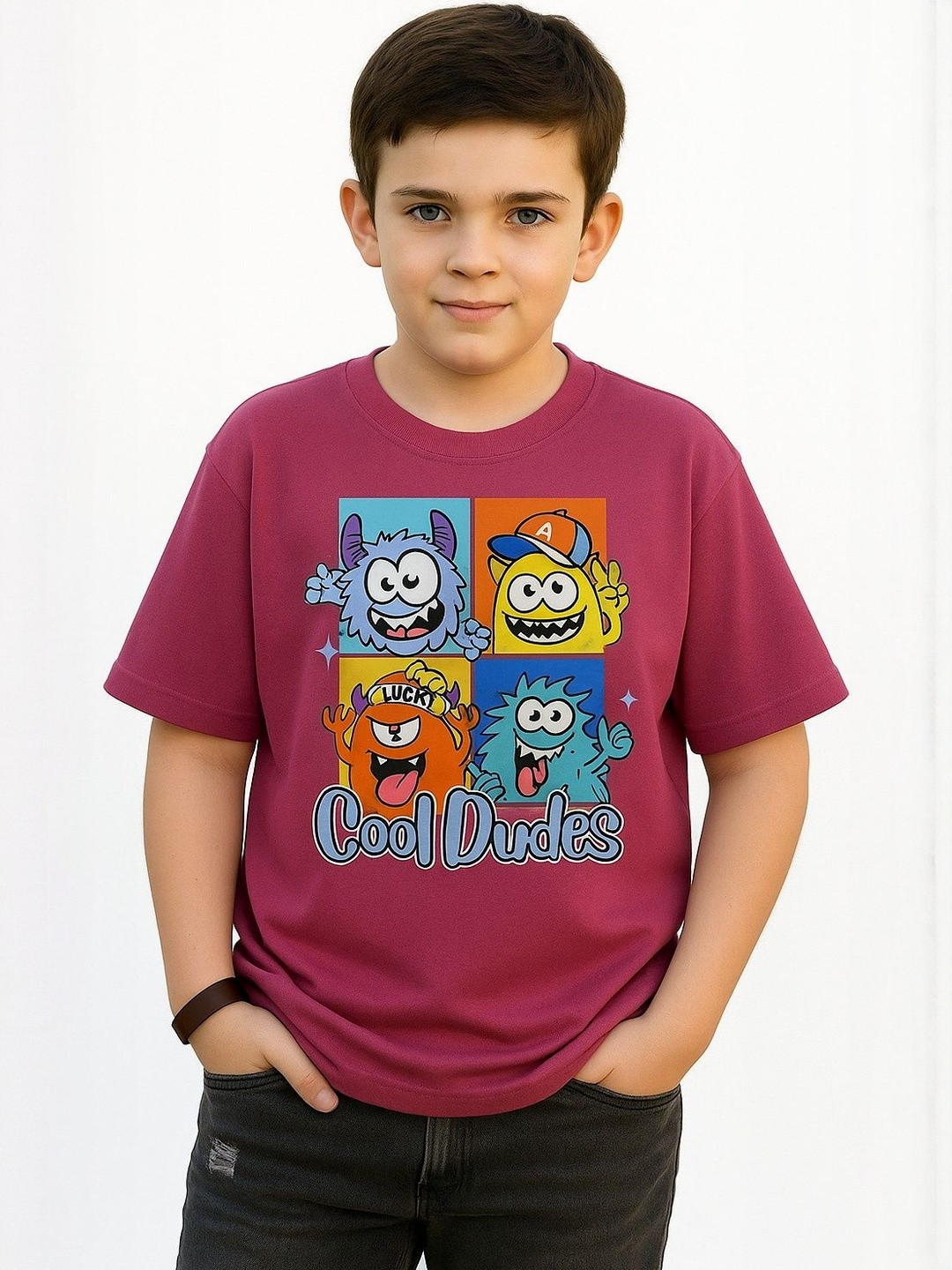 E-MAX Kids Boys Purple Cotton Blended Printed T-shirt
