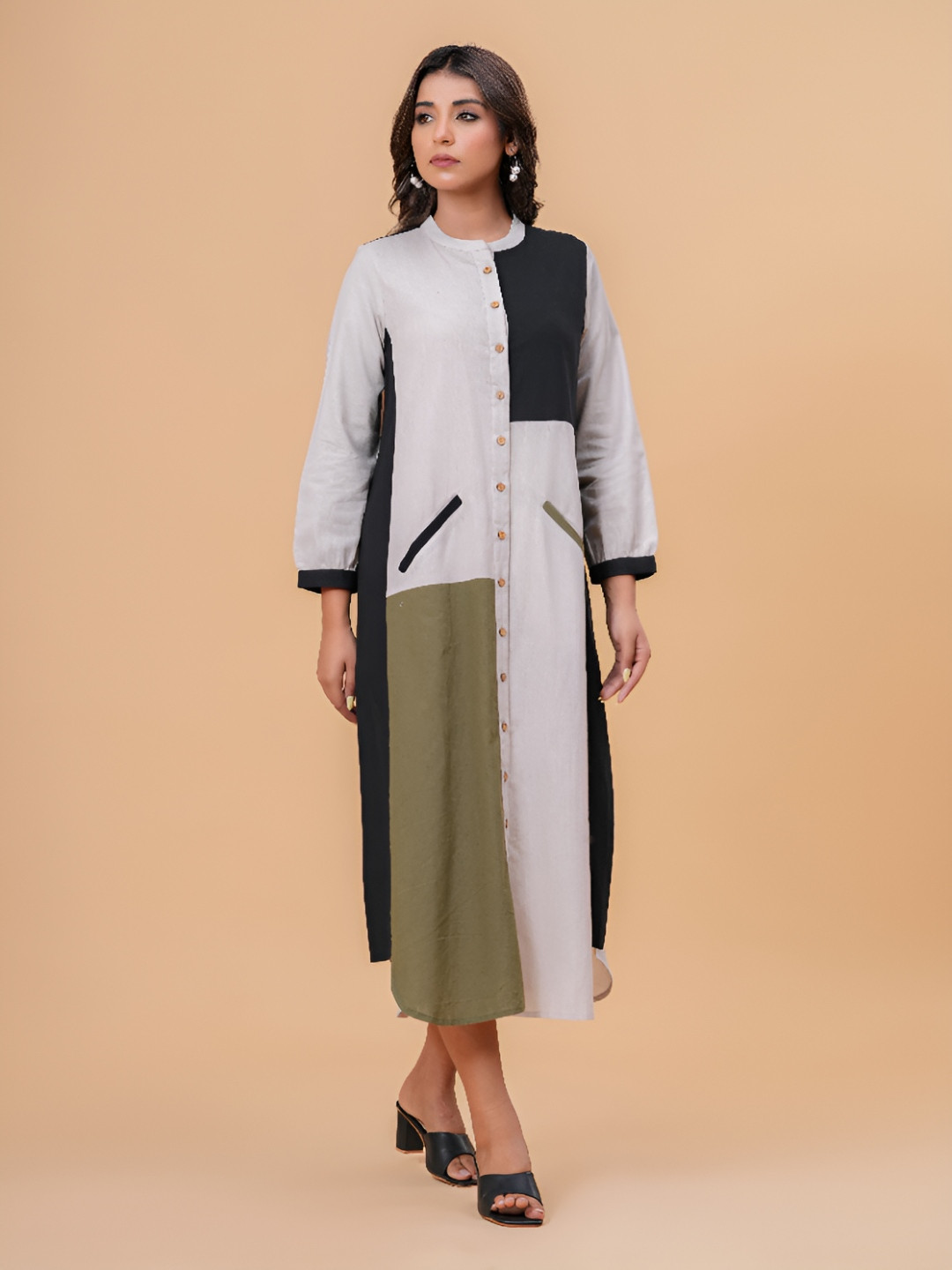 Garin Cotton Linen Colourblocked Mandarin Collar Shirt Dress