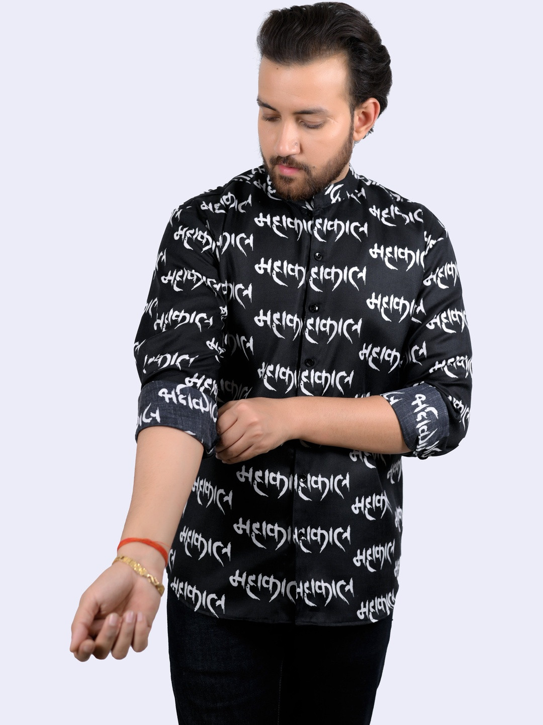 aruati Men Black Cotton Mahakal Printed Regular Fit Casual Shirt