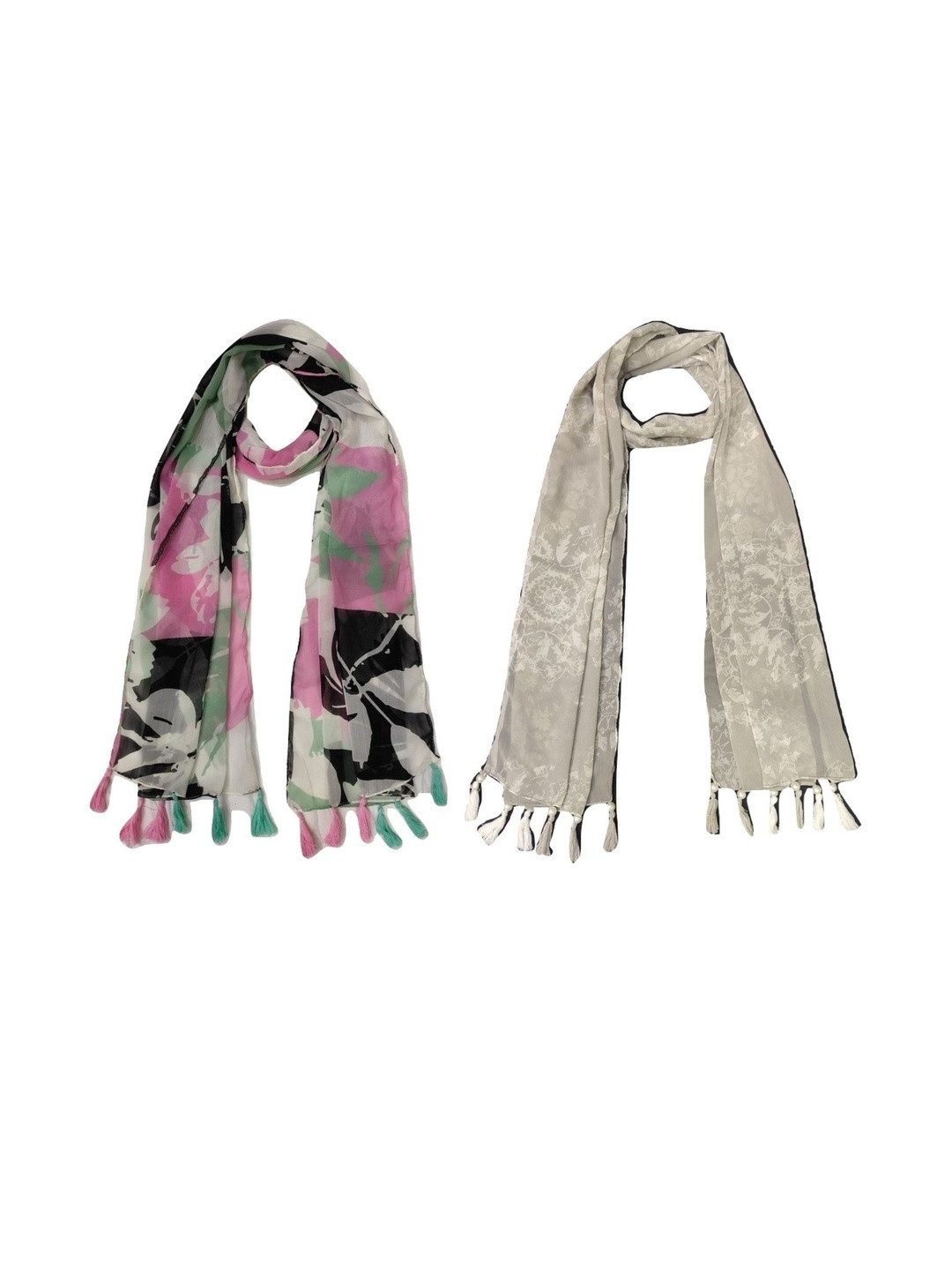 StoleVilla Pack Of 2 Floral Printed Tasseled Border Stoles