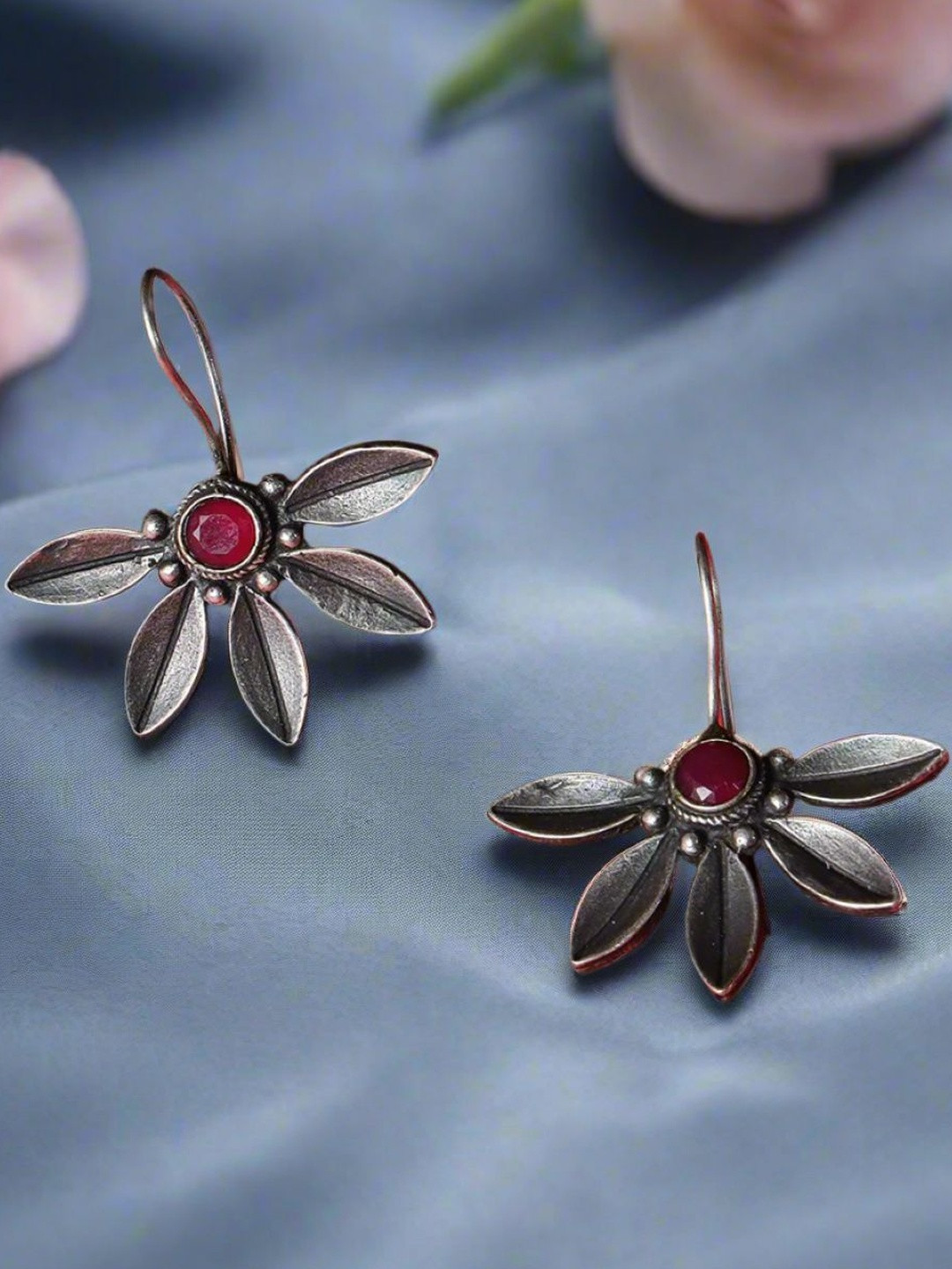 Anouk Women Red Oxidized Artificial Stones Floral Silver-Plated Ethnic Drop Earrings