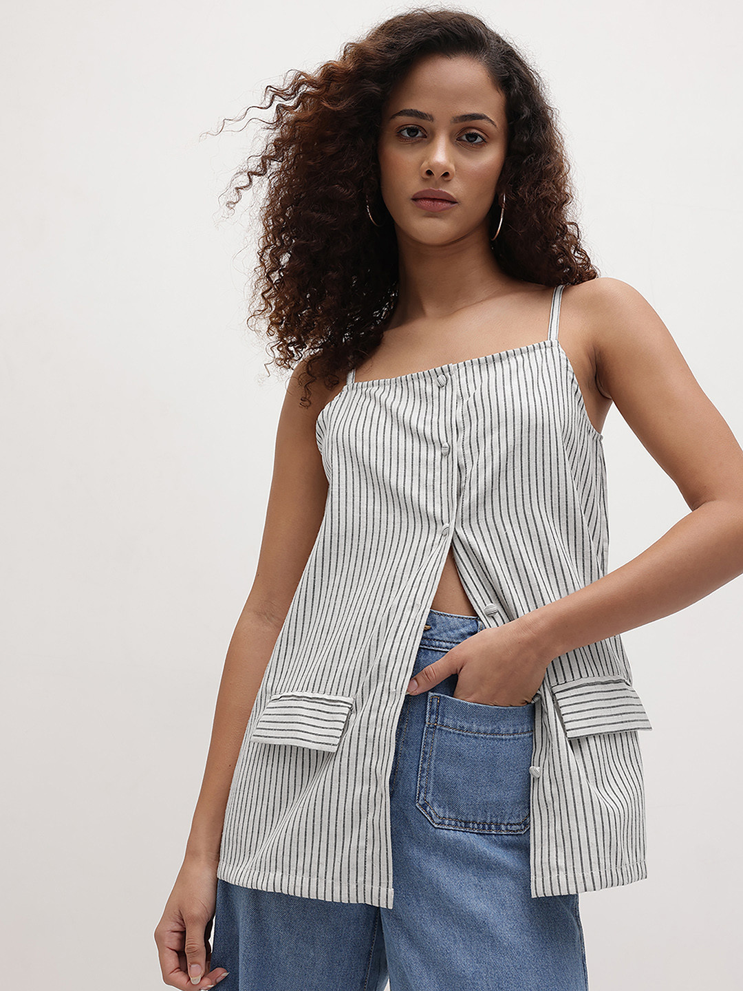 The Roadster Life Co. Vertically Striped Shoulder Straps Pure Cotton Button-Down Top