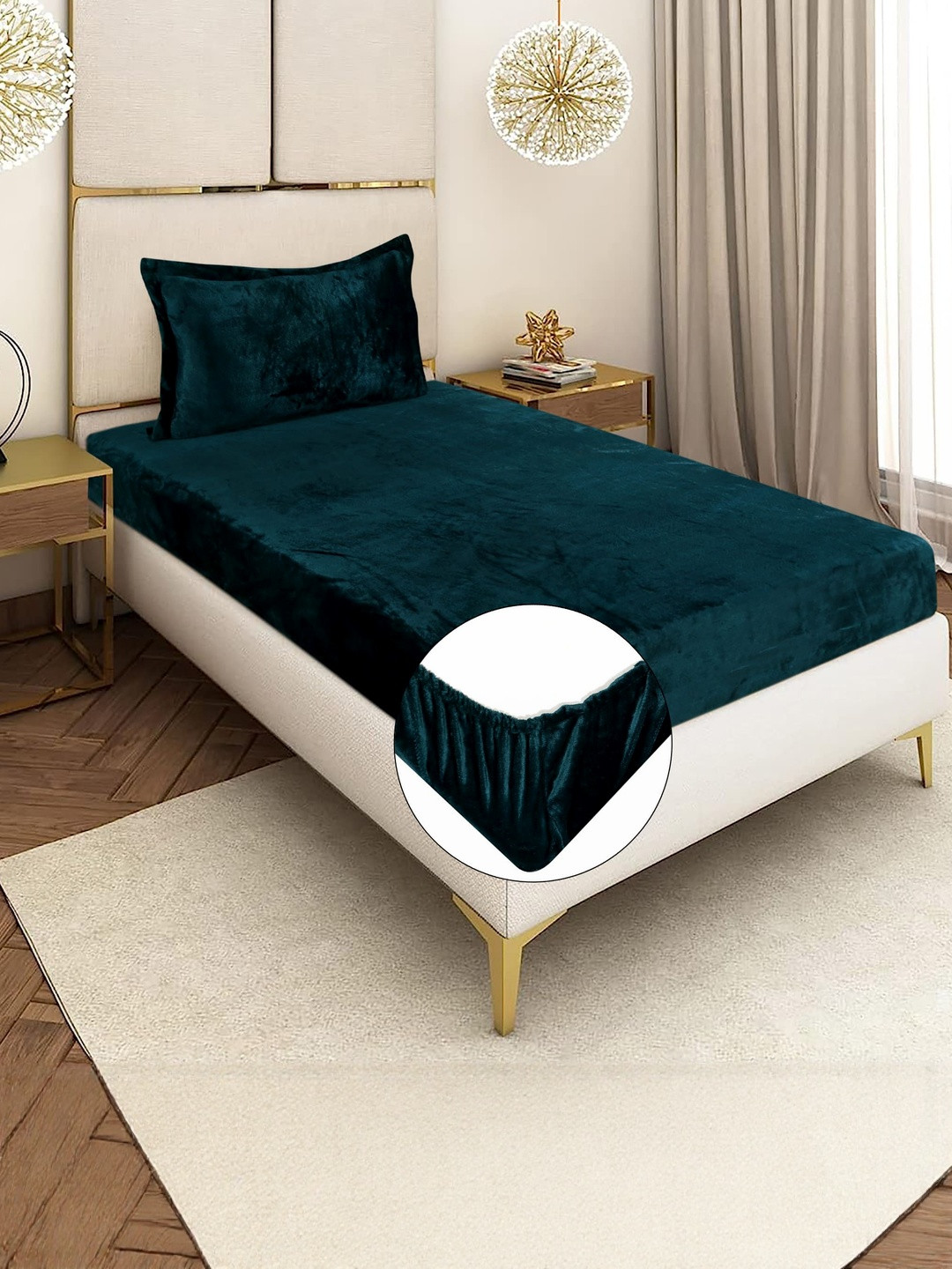 REALDREAM Green 300 TC Velvet Fitted Single Bedsheet with 1 Pillow Covers