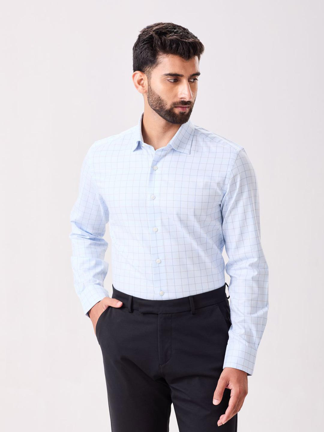 MH&Y Men Micro Checked Spread Collar Cotton Formal Shirt