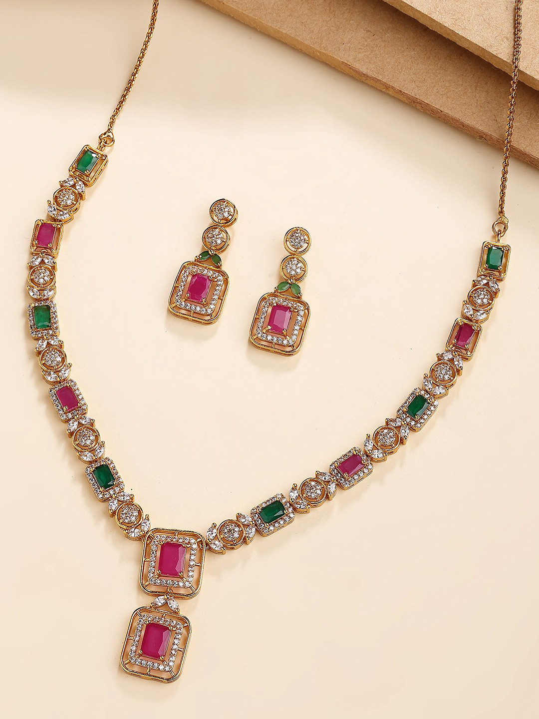 KARATCART Women Gold-Plated Pink and Green American Diamond Stone-Studded Jewellery Set