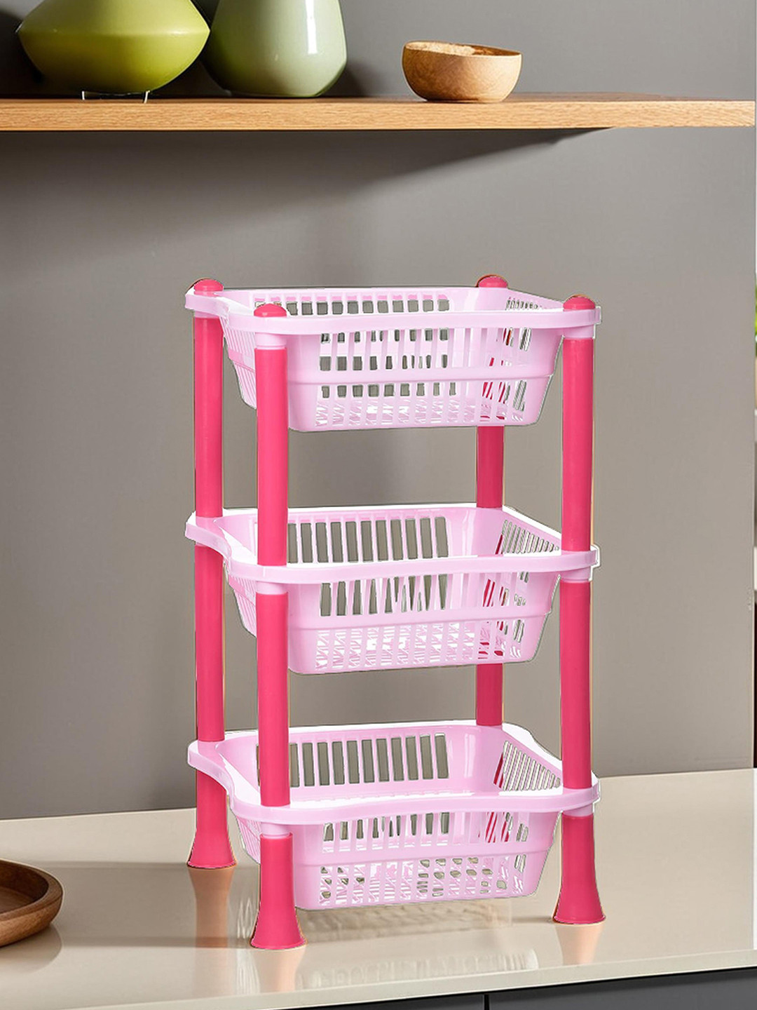 Kuber Industries Pink 3 Layer Square Storage Basket