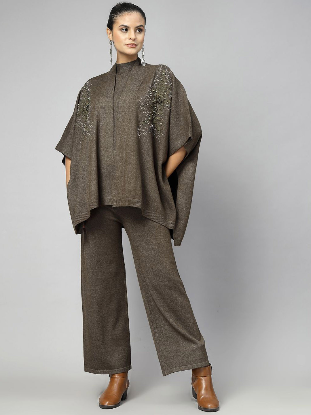 Mafadeny 3Pcs Taupe Co-ord Set with Embellished Mandarin Collar Shrug & Wide-Leg Pants