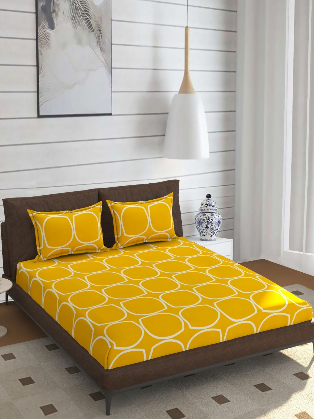 ohello Yellow Geometric Printed 210 TC King Bedsheet Set- 1.98m x 1.82m