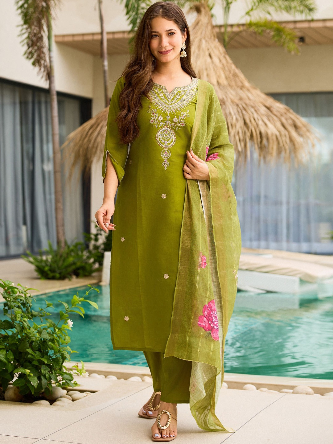 KALINI Lime Green Viscose Embroidered Kurta Set with Jacquard Dupatta