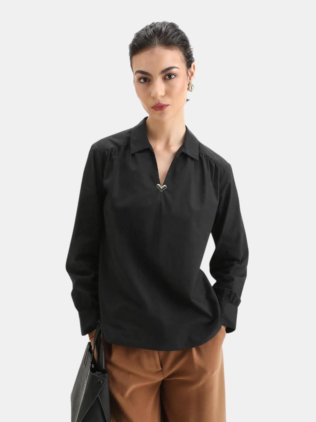 RAREISM Women Nura Black Cuffed Sleeve V-Neck A-Line Top