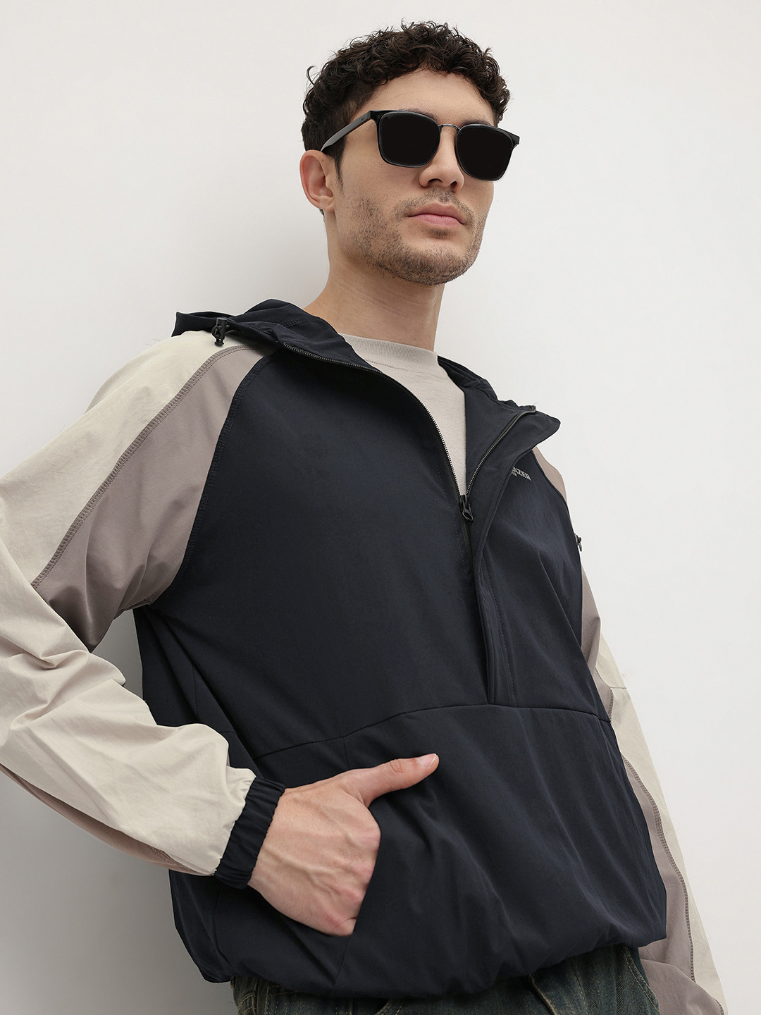 The Roadster Life Co. Colourblocked Hooded Half-Zippered Bomber Jacket