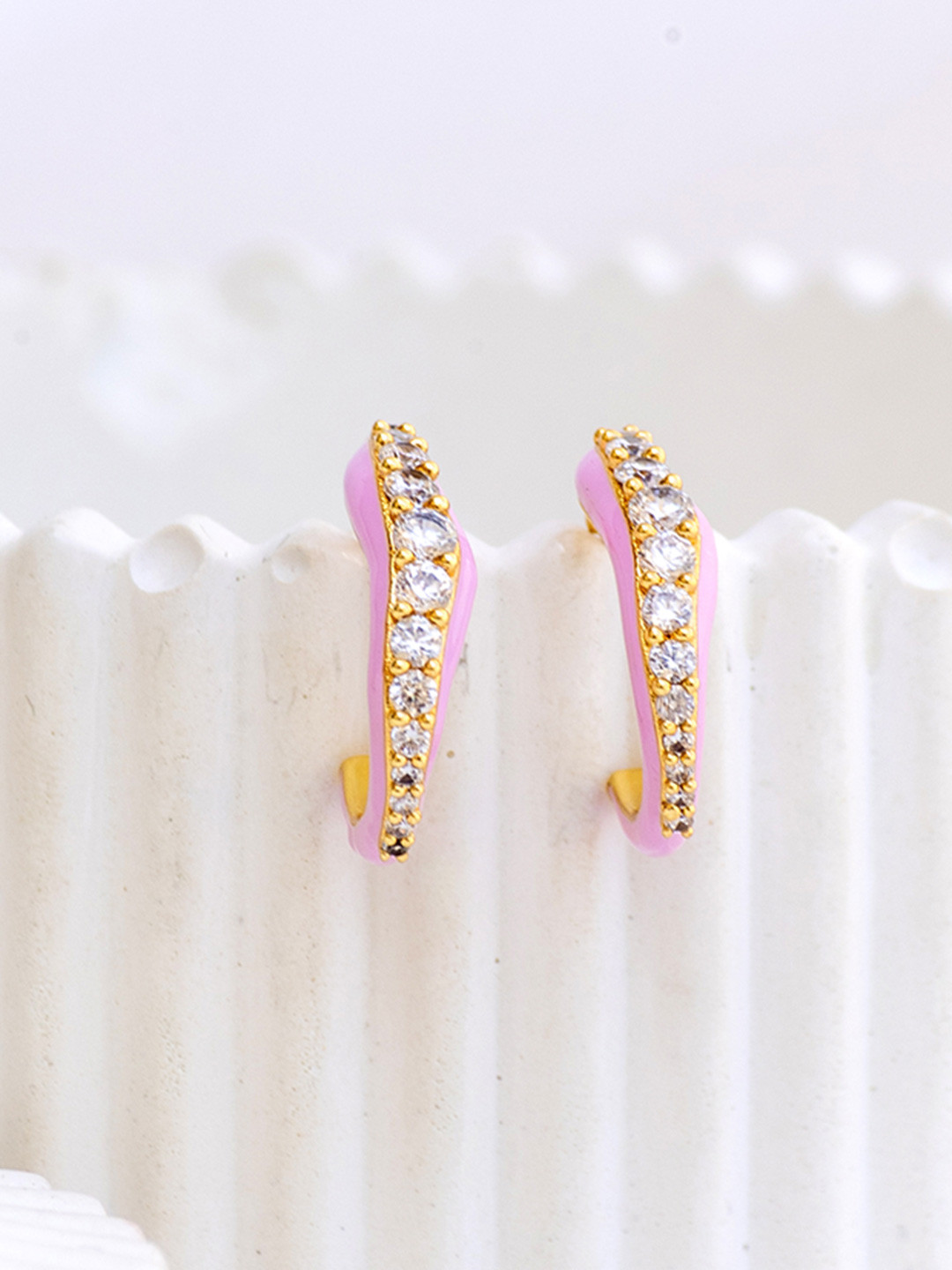 Perfectly Average Women 18K Gold Plated Pink Enamel Studded Hoops