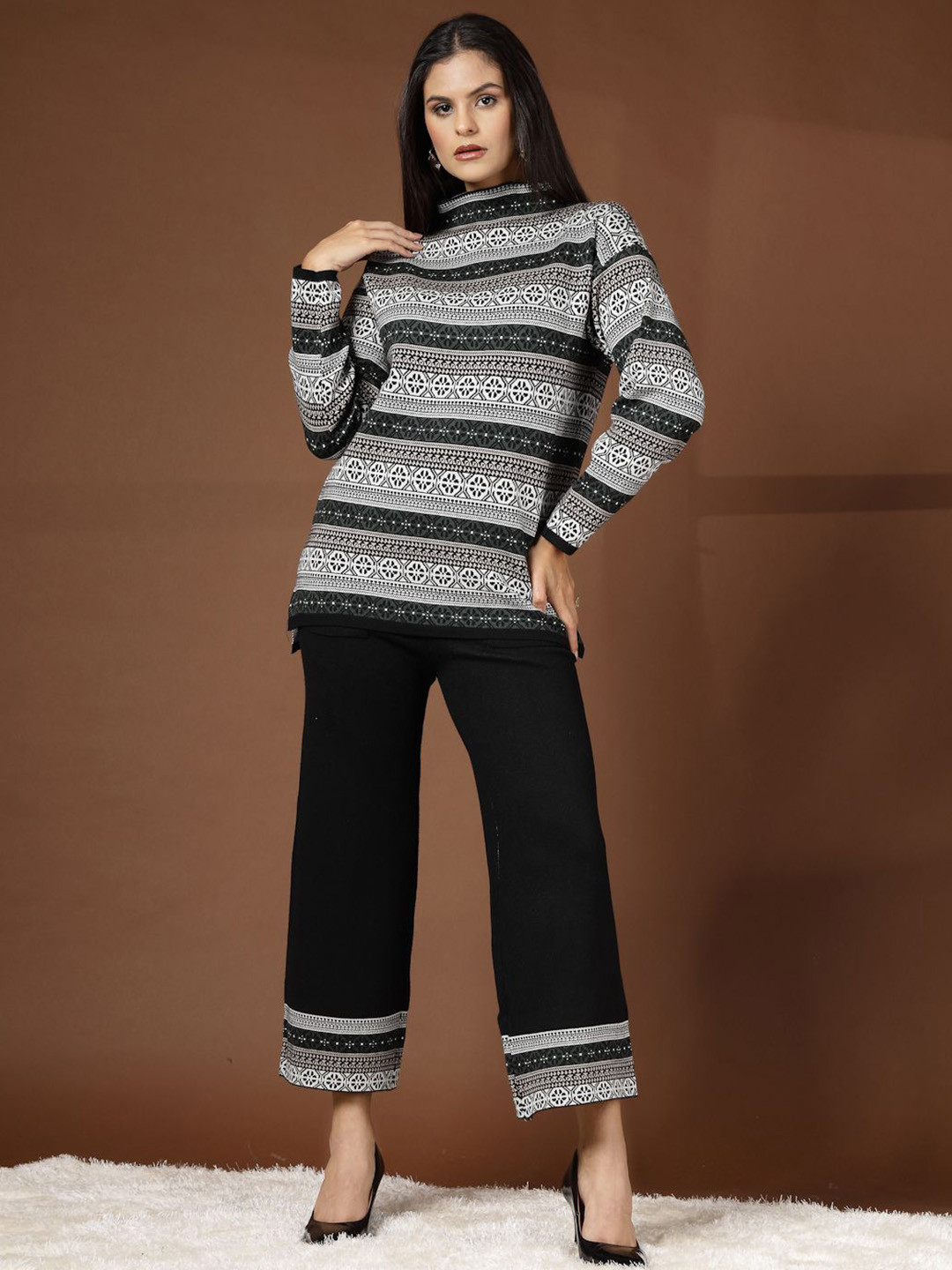 Mafadeny Printed Mock Neck Sweater & Wide-Leg Trousers