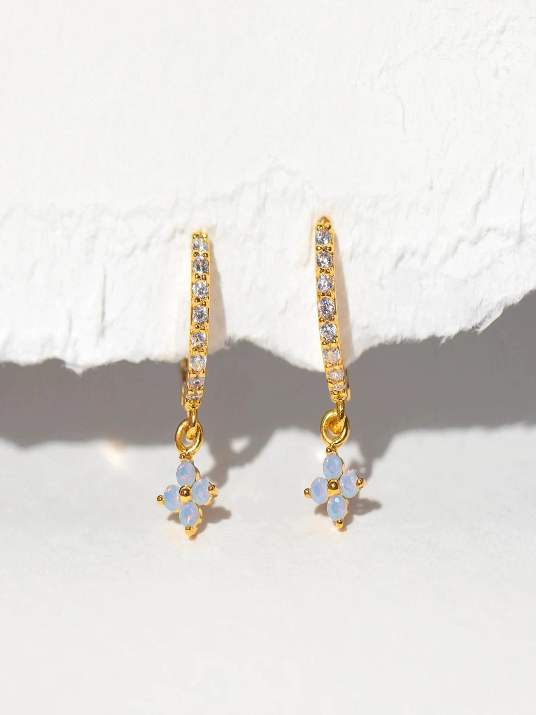 AQUASTREET 18K Gold Plated Anti-Tarnish Blue Zircon Floral Hoop Drop Earrings