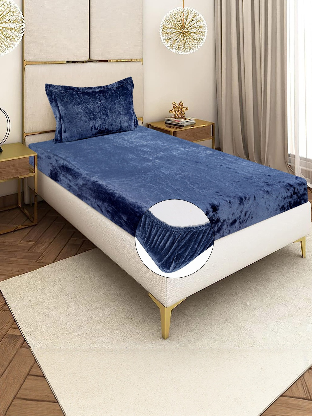 REALDREAM Navy Blue 300 TC Velvet Single Bed Bedsheet with 1 Pillow Covers