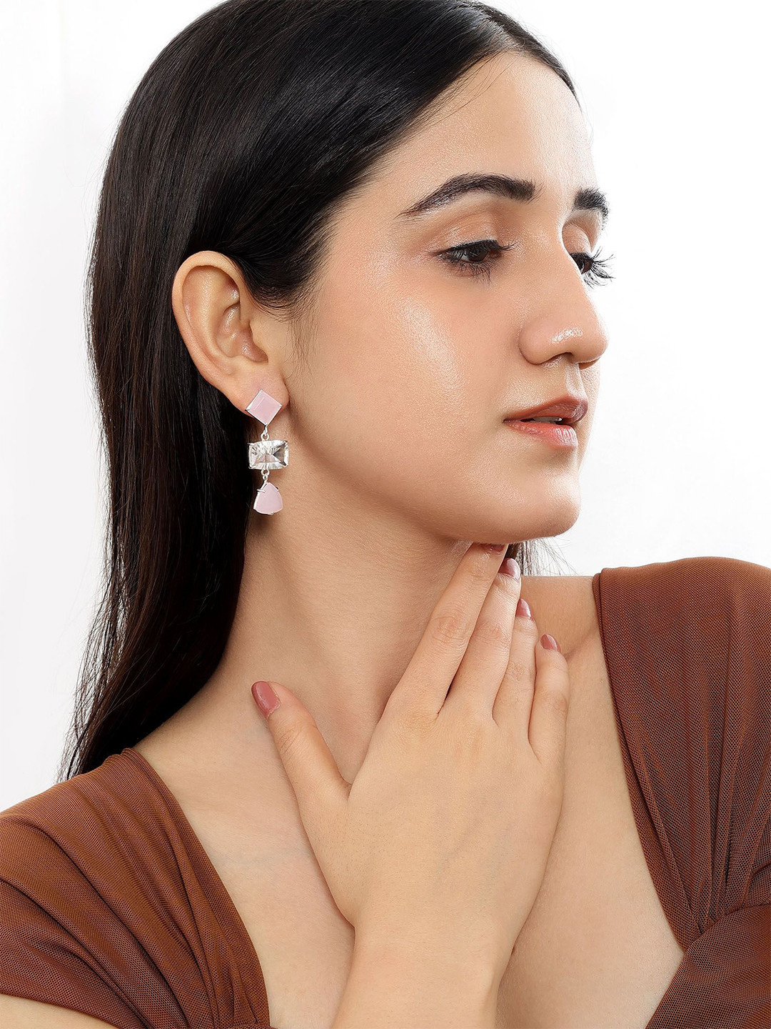 Tweov 925 Sterling Silver Multicut Pink AD Stone Long Earrings