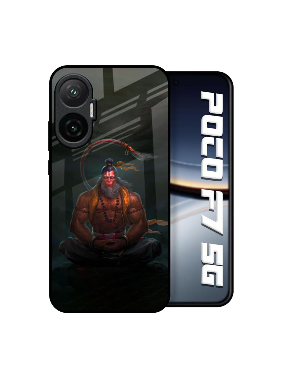 QRIOH Lord Hanuman Printed Poco F7 5G Glass Back Case Mobile Accessories