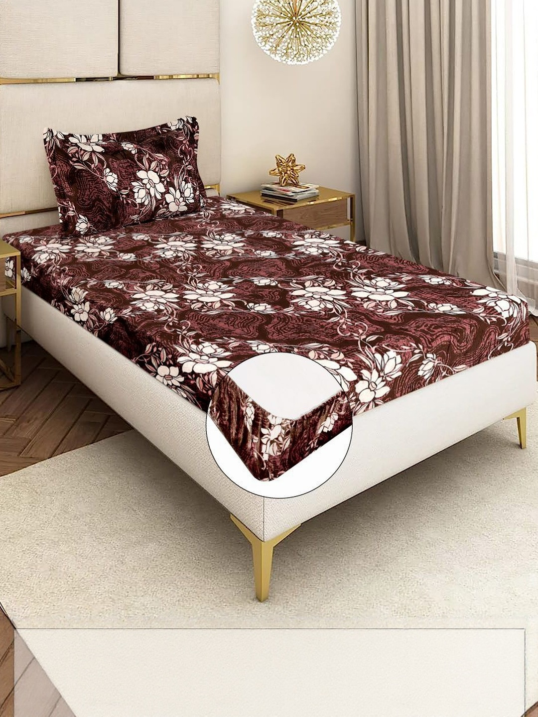 REALDREAM Rust Floral 300 TC Single Bedsheet with 1 Pillow Cover