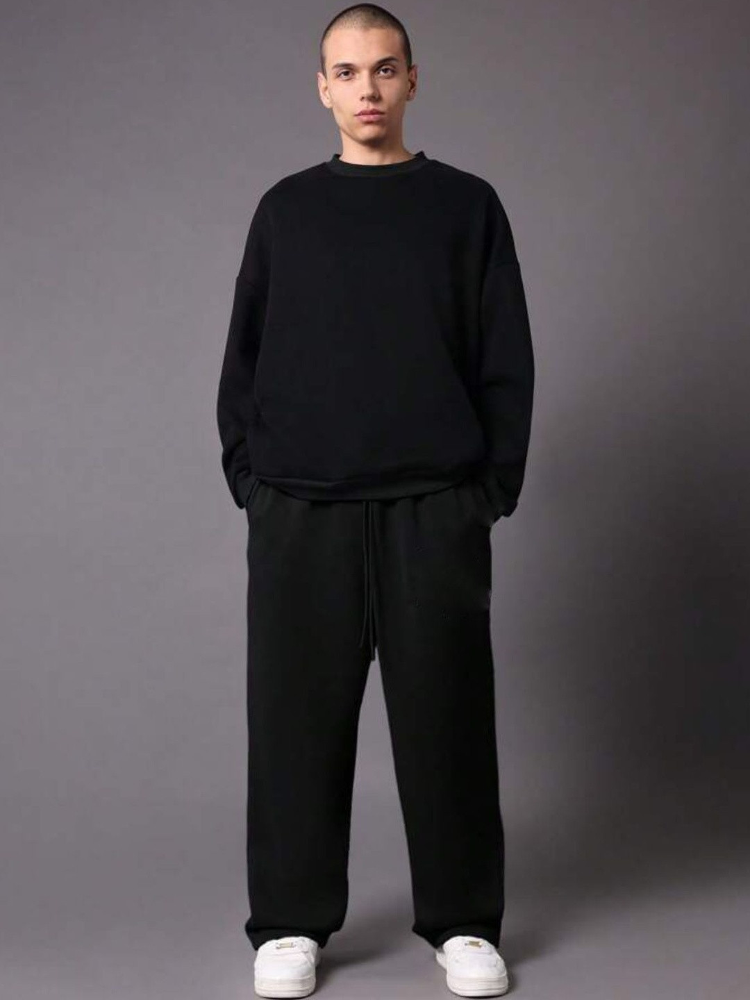 Moda Rapido Mens Black Solid Cotton Korean relaxed fit Trackpants