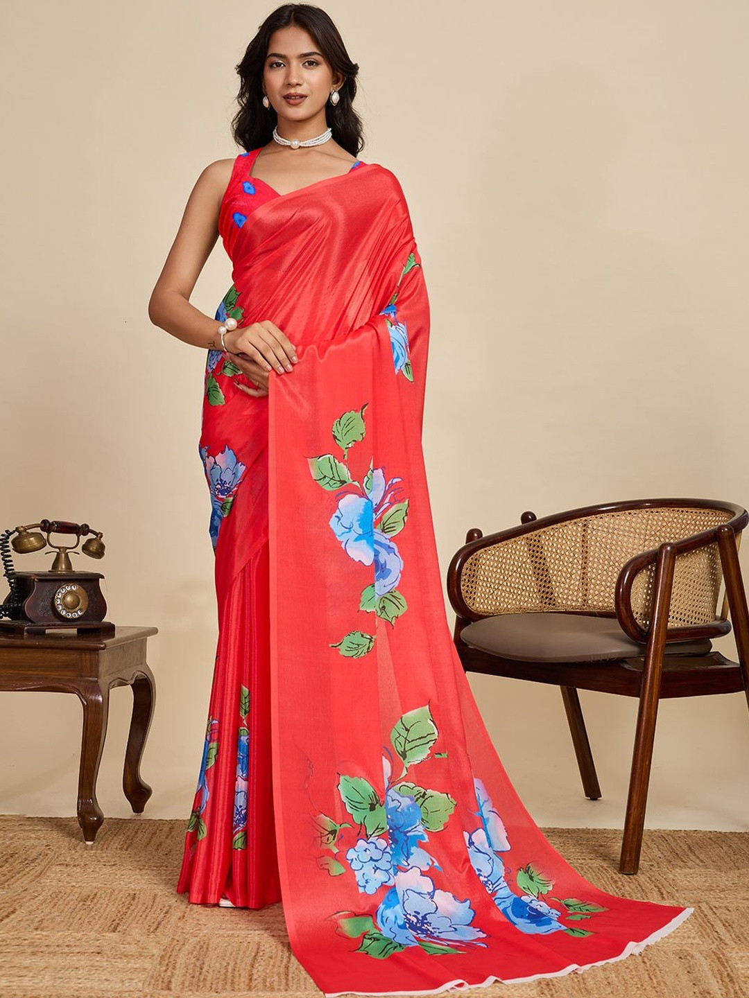 Kriyansh Women Red Pure Chiffon Designer Block Print Saree