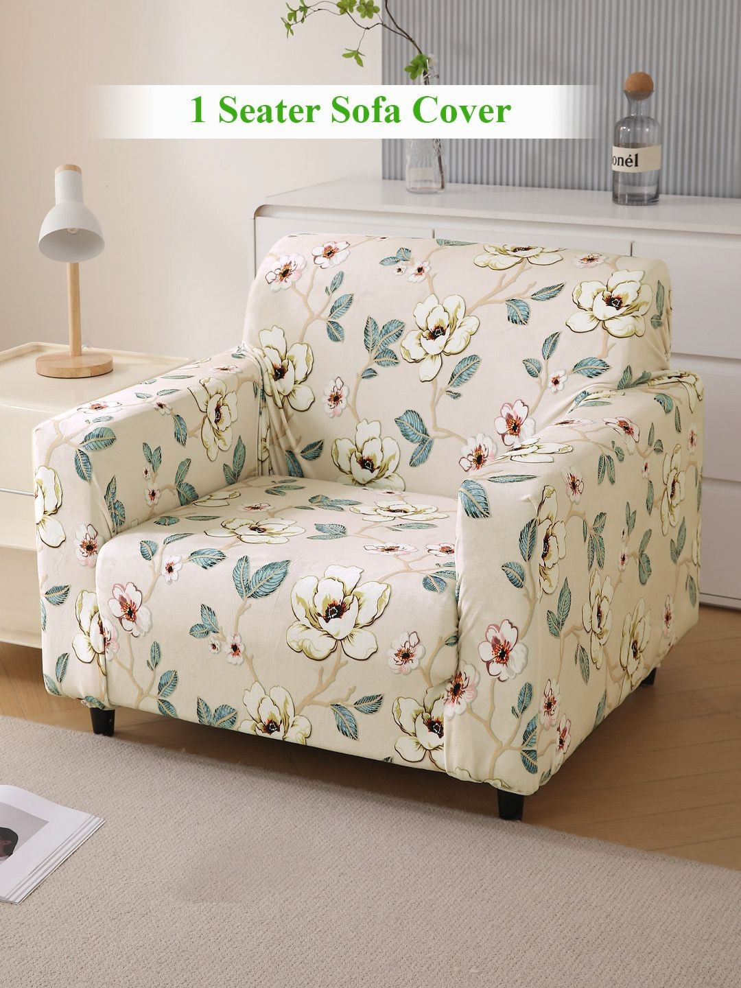 HOKIPO Magnolia Whisper Cream-Coloured Printed Velvet 1 Seater Sofa Cover With Arms