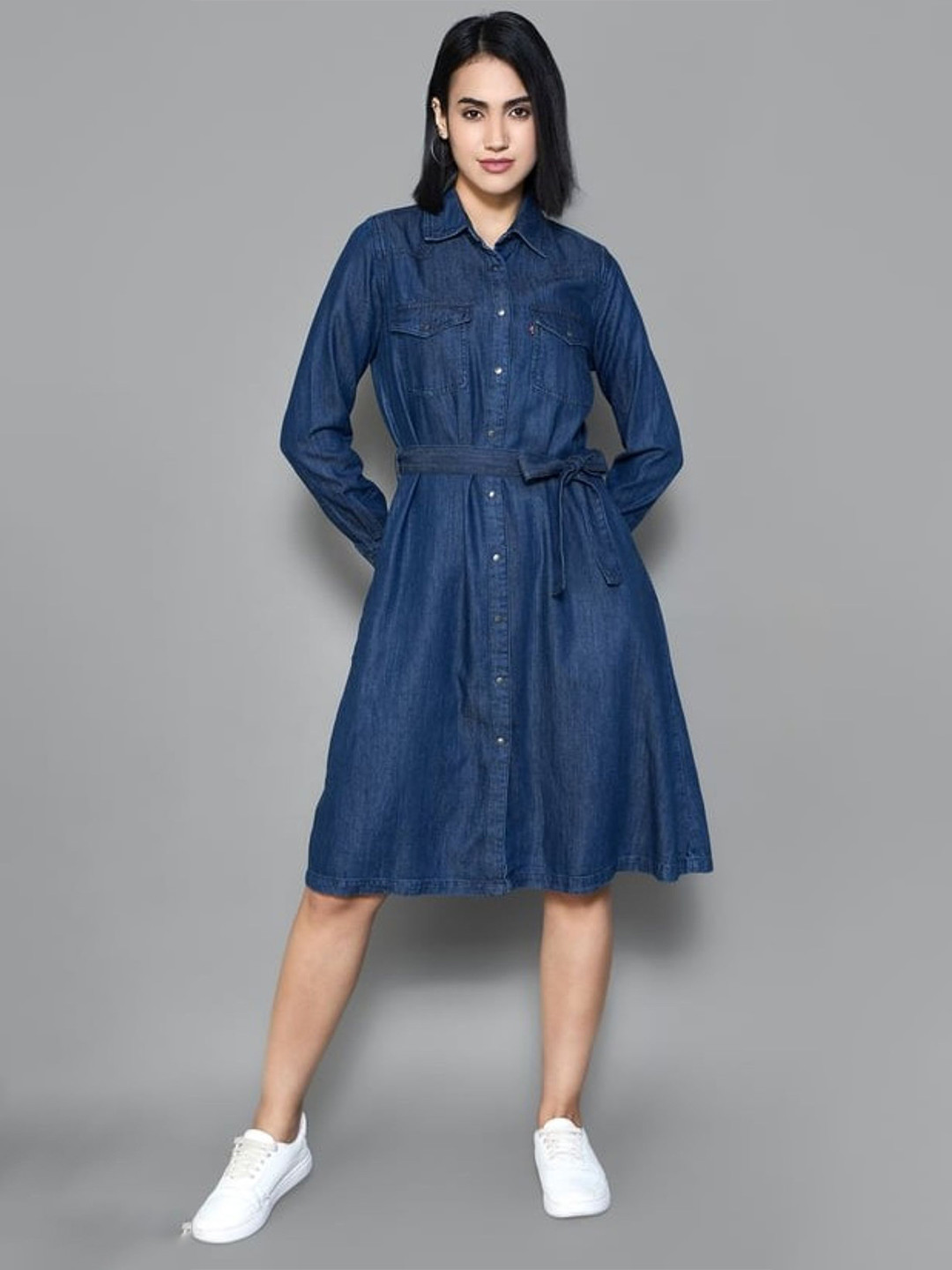 Tripursundari Fashion Women Belted Denim Shirt Dress