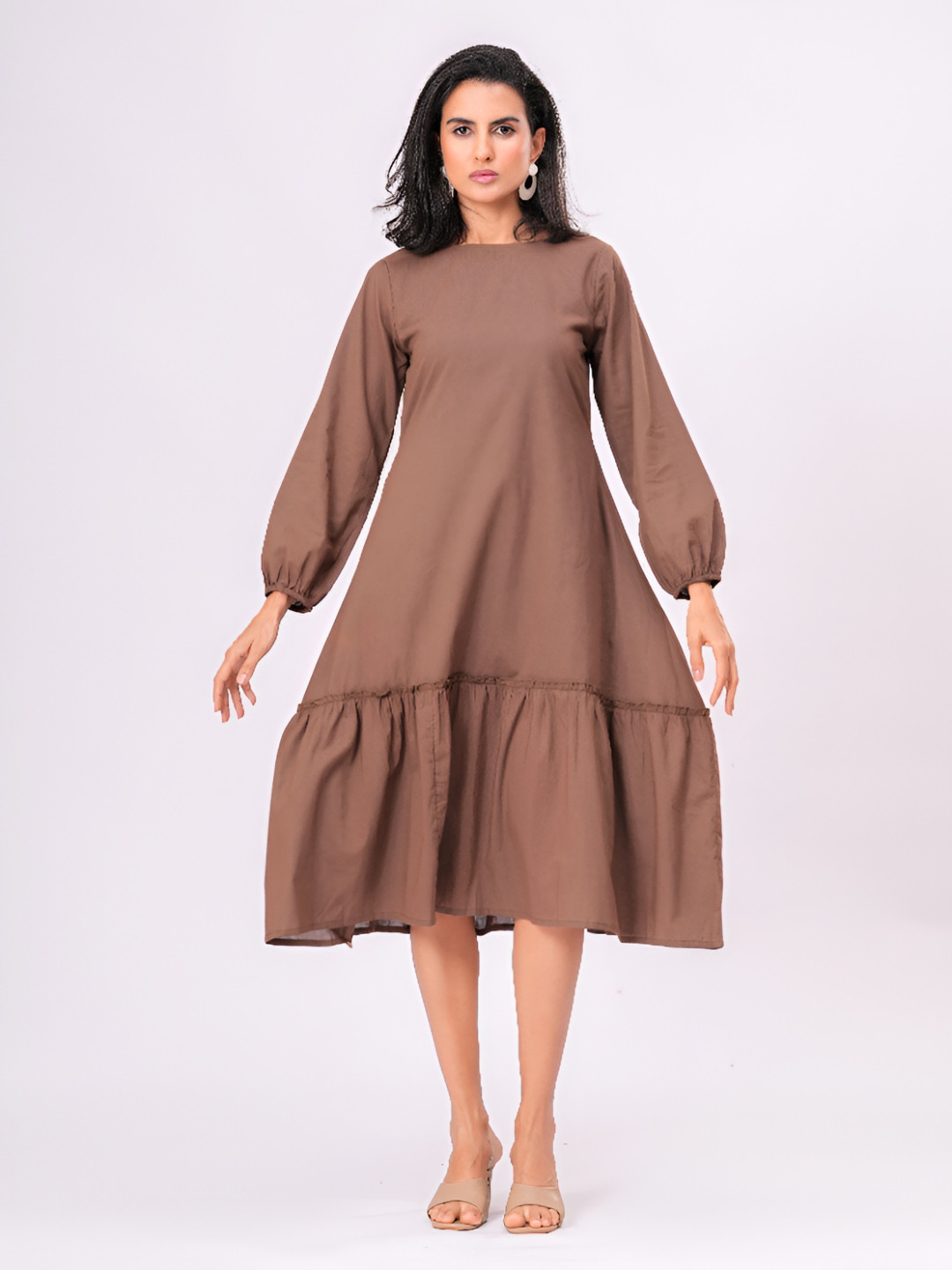 Garin Women Puff Sleeves Tiered Shift Midi Dress