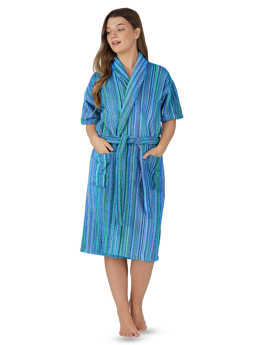 RANGOLI Pinstripe Blue Striped Cotton Drawstring Knee Length Bath Robe-M