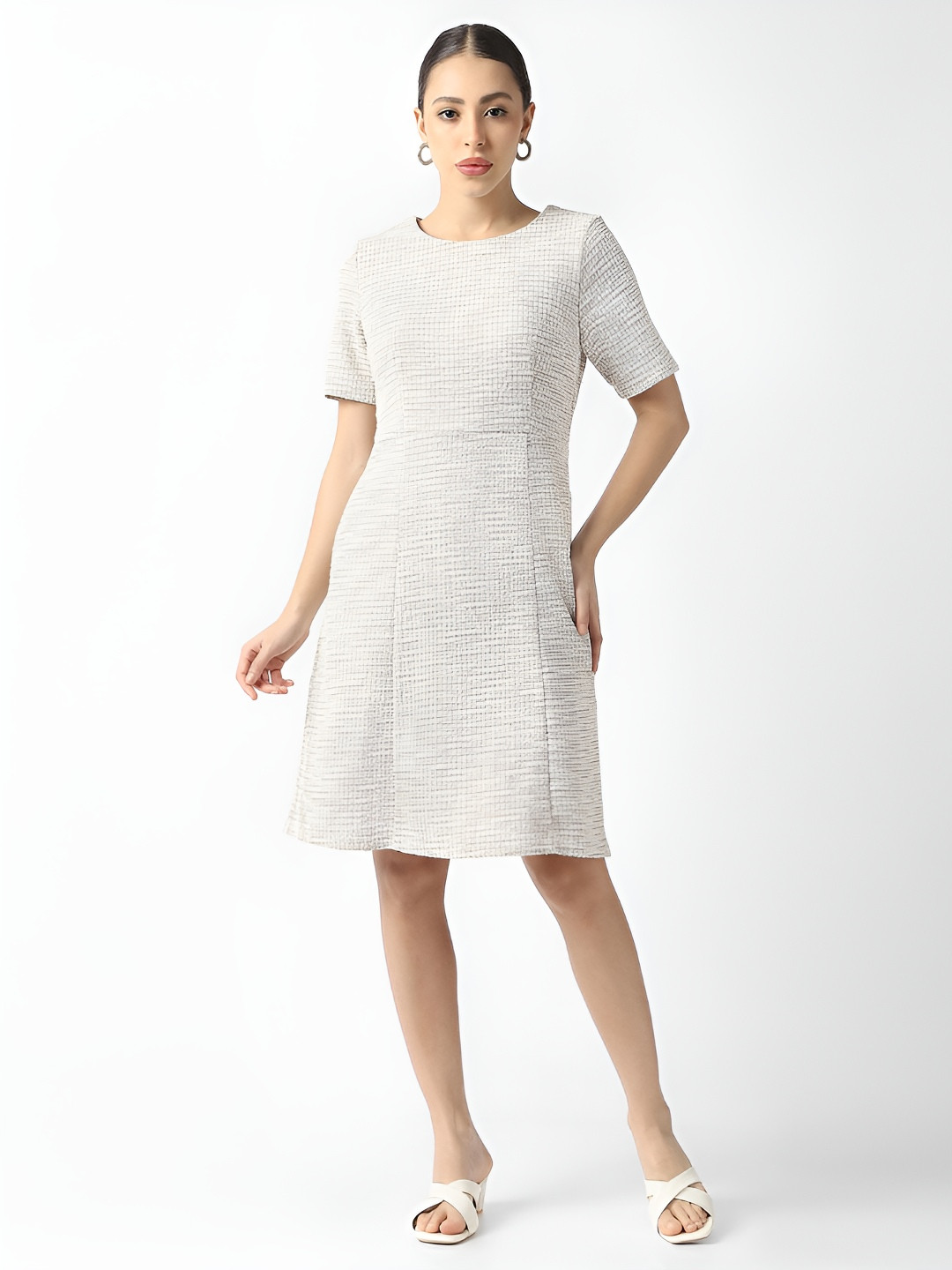 Van Heusen Woman Round Neck Self Design Shift Dress