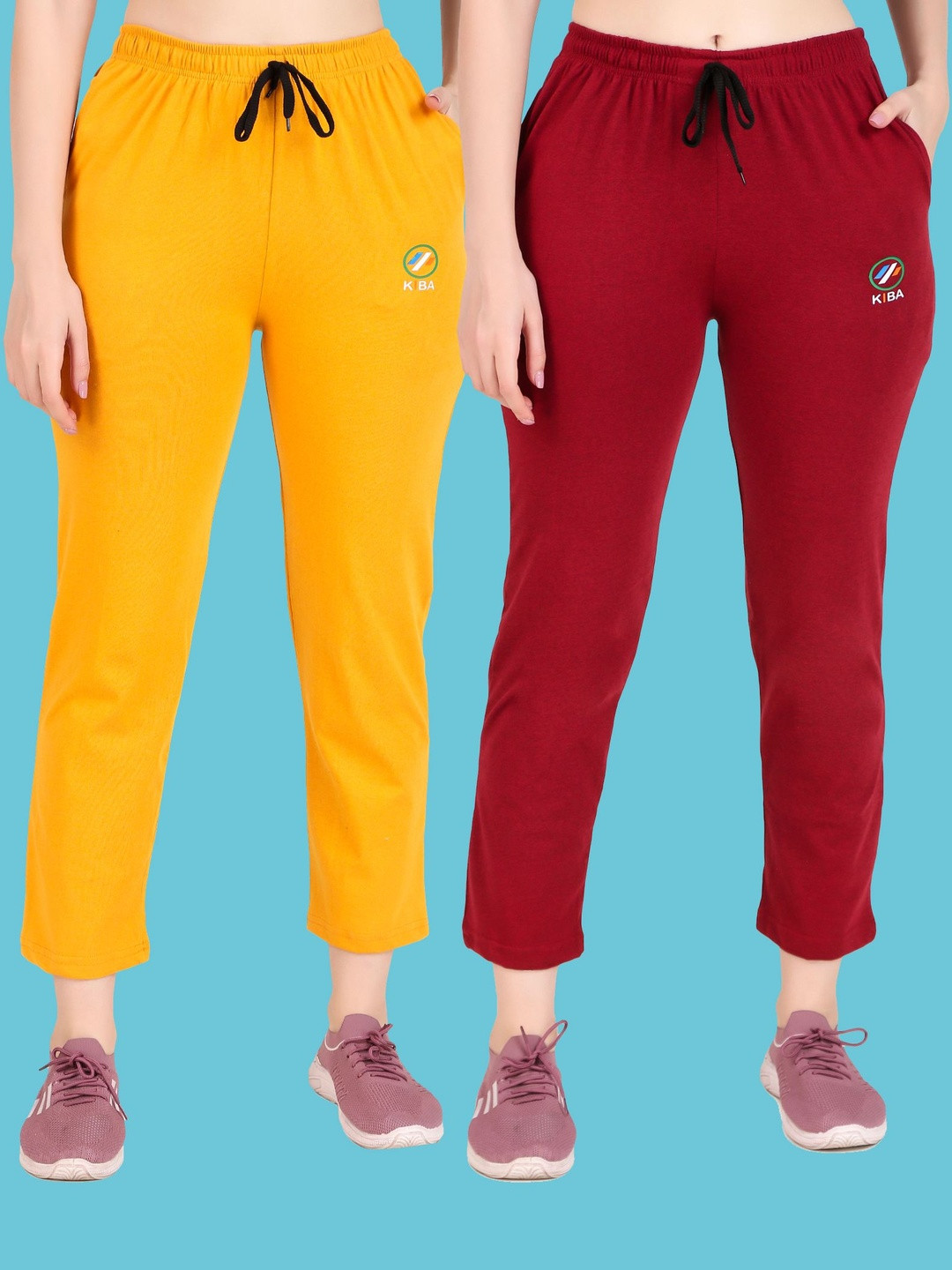 KIBA Unisex Yellow & Maroon Pack of 2 Solid Casual Joggers