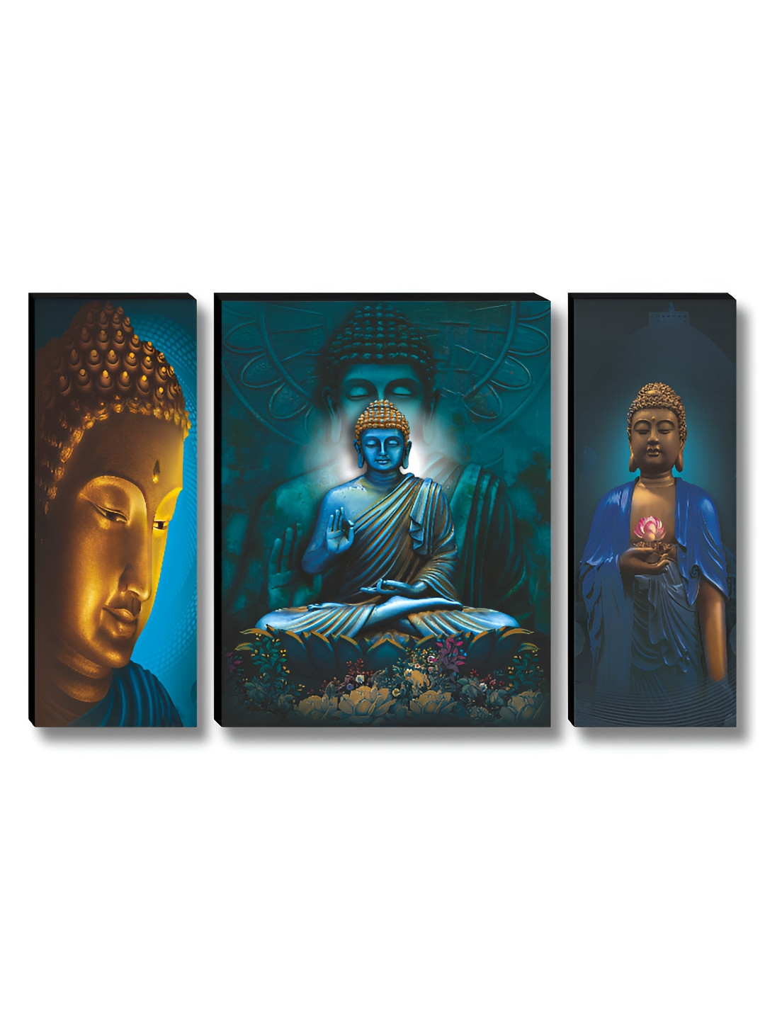 SAF 3 Pieces Blue Buddha Religious Spiritual Art for Peaceful Meditation Wooden Wall Art