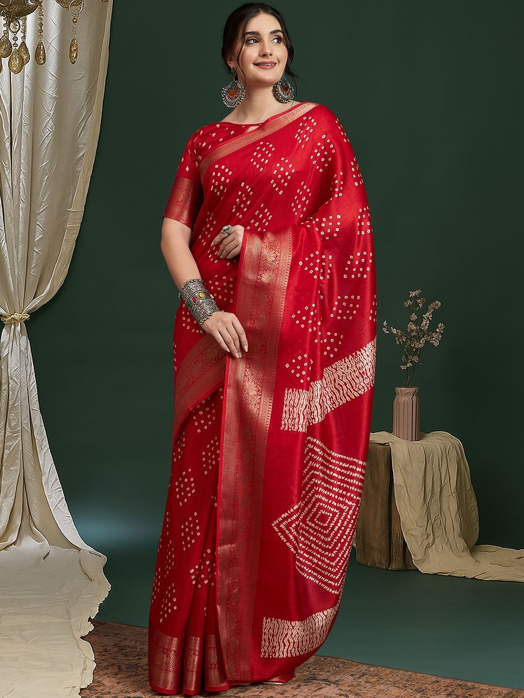 Anouk Women Red Silk Blend Ethnic Printed Fastive Wear Saree With Matching Blouse