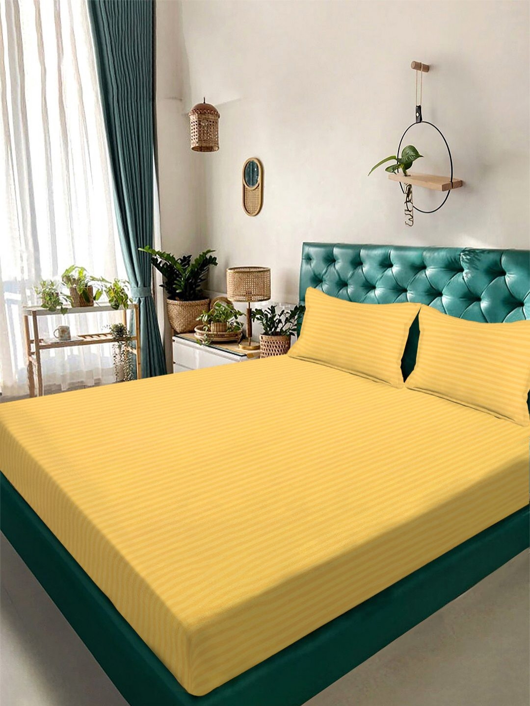 Aura Yellow Striped 300 TC Double King Bedsheet Set 2.50 m x 2.25 m