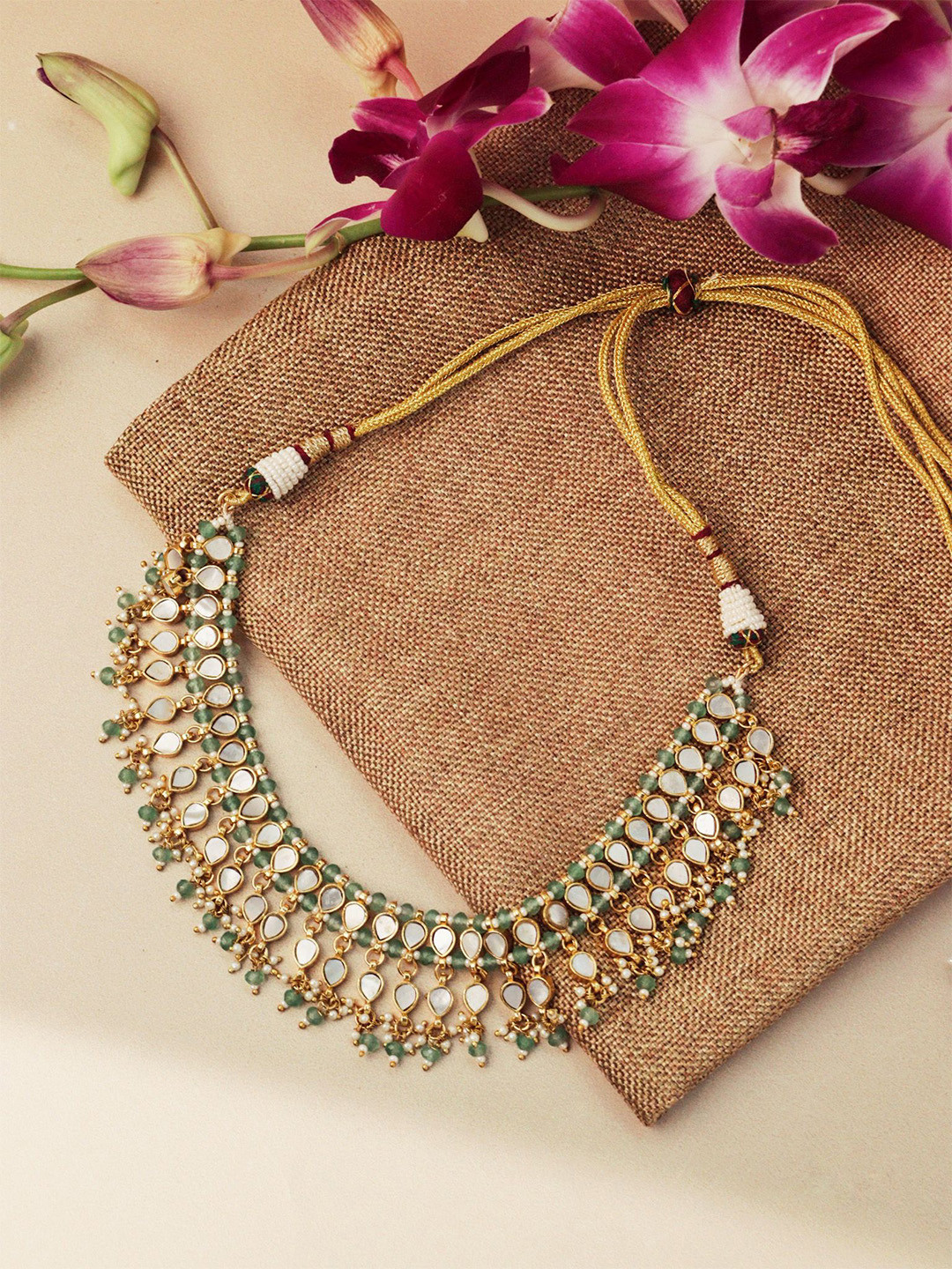 CURIO COTTAGE Gold-Plated Artificial Stones Studded And Beaded Statement Necklace