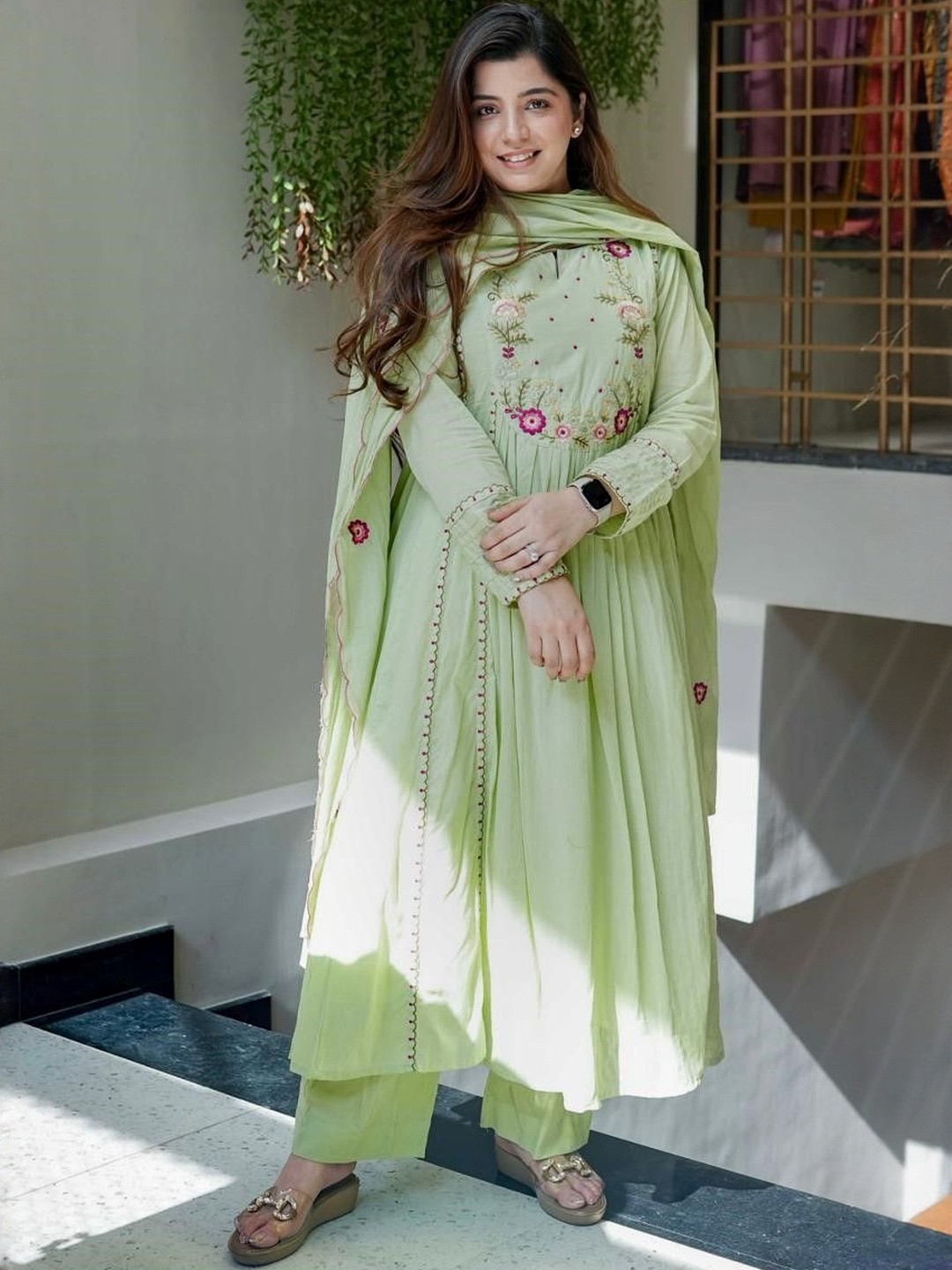 KALINI Embroidered Chanderi Silk Kurta Set with Organza Dupatta Kurta Sets