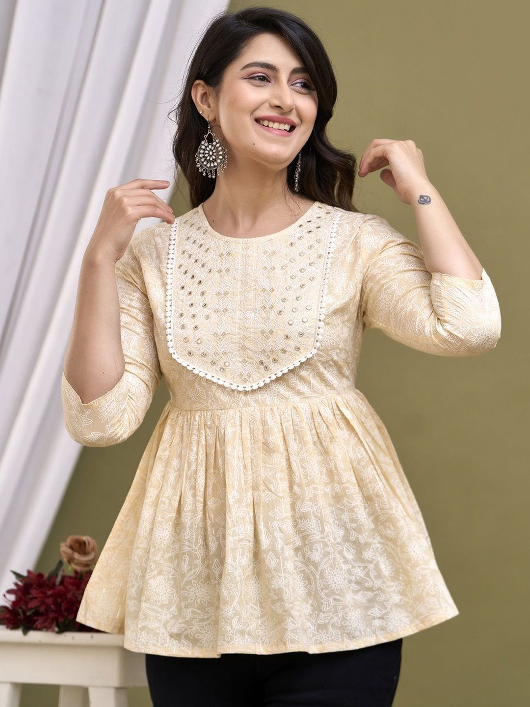 PINK VYBE Floral Embroidered Pure Cotton Peplum Top