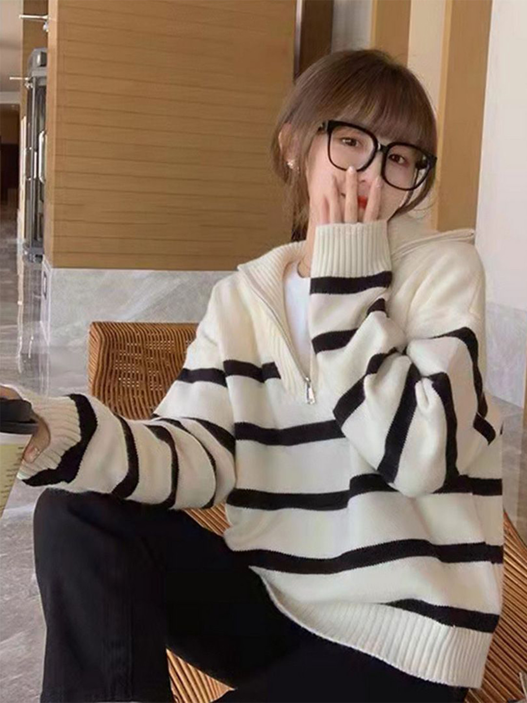 StyleCast Women Striped Pullover with Zip Detail