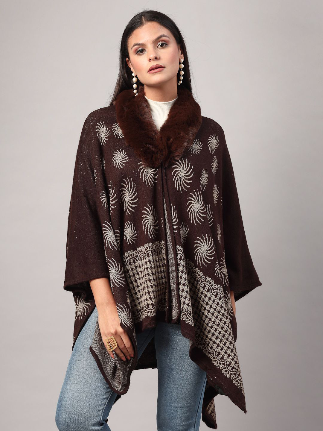 Mafadeny Stole Collar  Faux Fur & Silver Swirl Embroidery Poncho