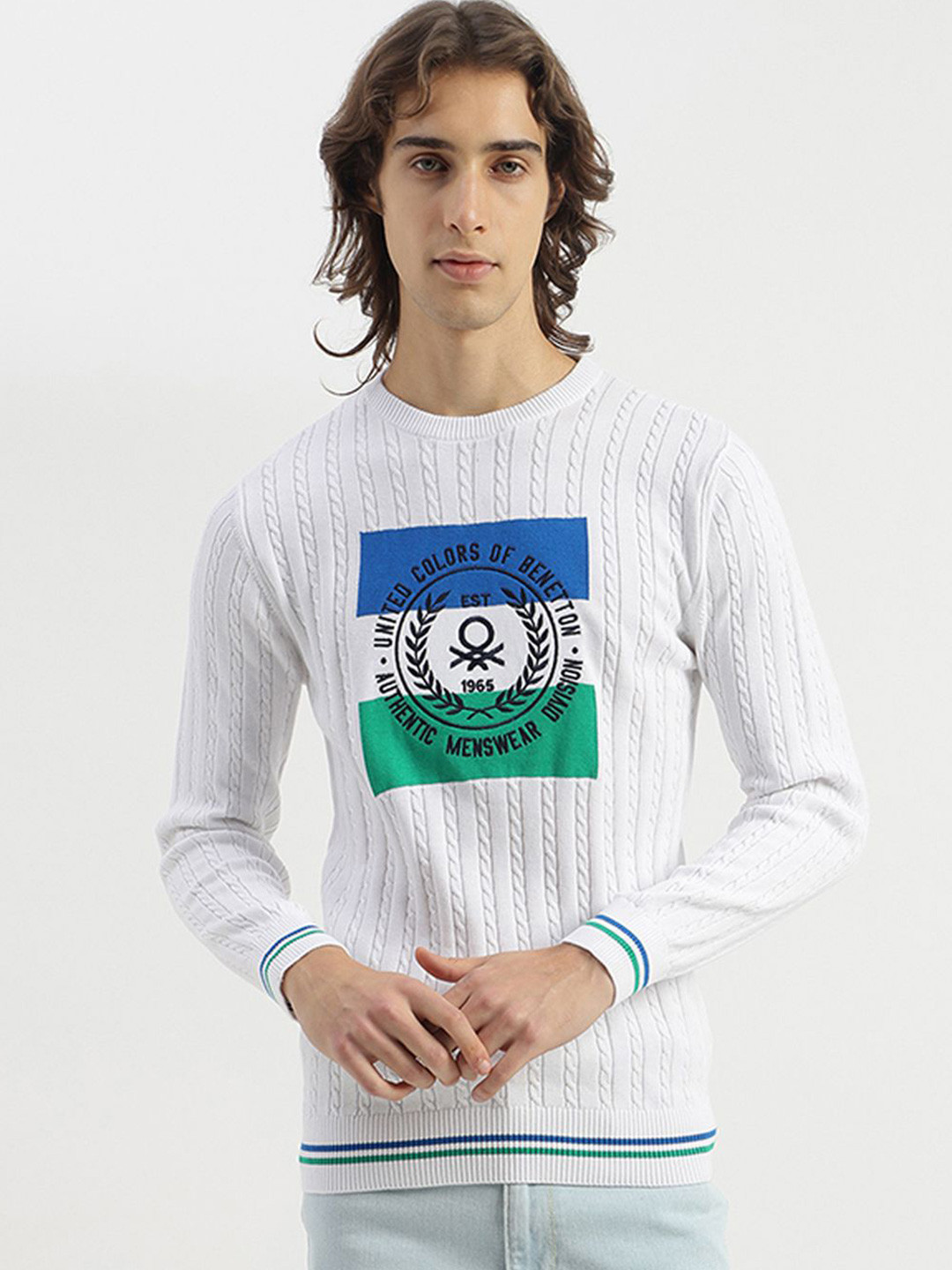 United Colors of Benetton Men Round Neck Graphic Printed Sweaters