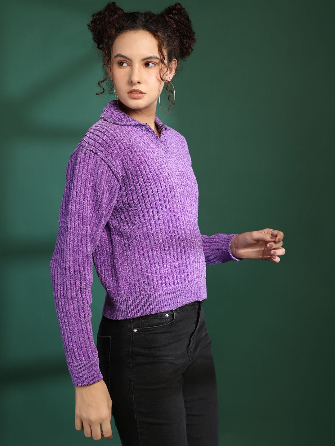Roadster Women Purple Polo Collar Ribbed Velour Pullover Sweater