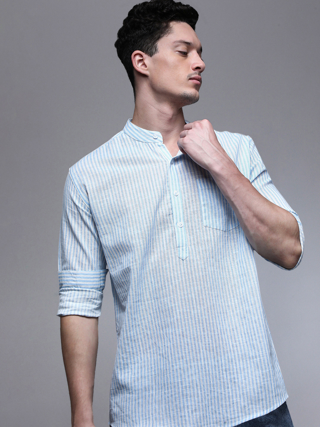Paper Cut Oversized Striped Mandarin Collar Casual Shirt