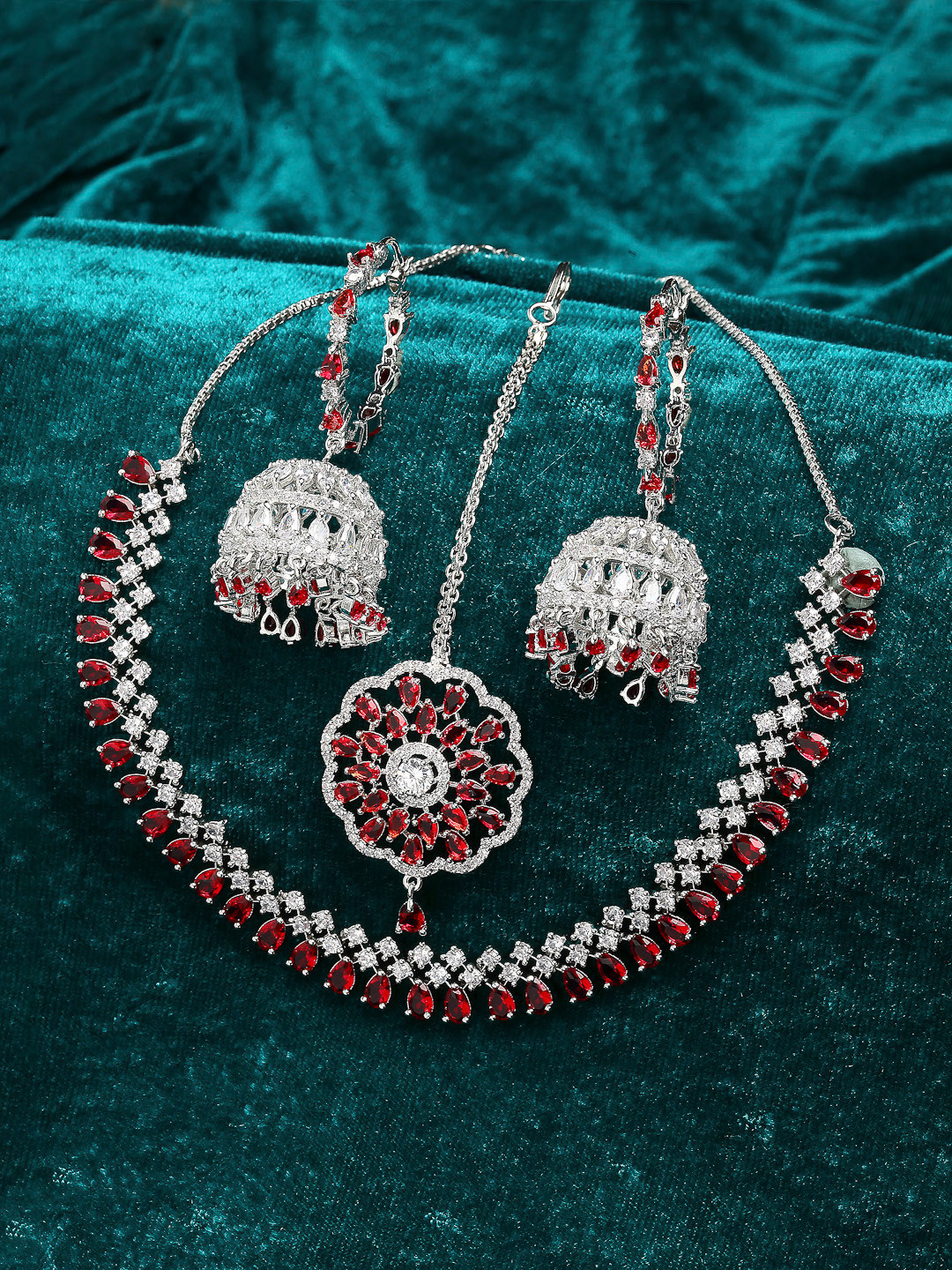 ZENEME Silver-Plated & Red AD Stone-Studded Jewellery Set